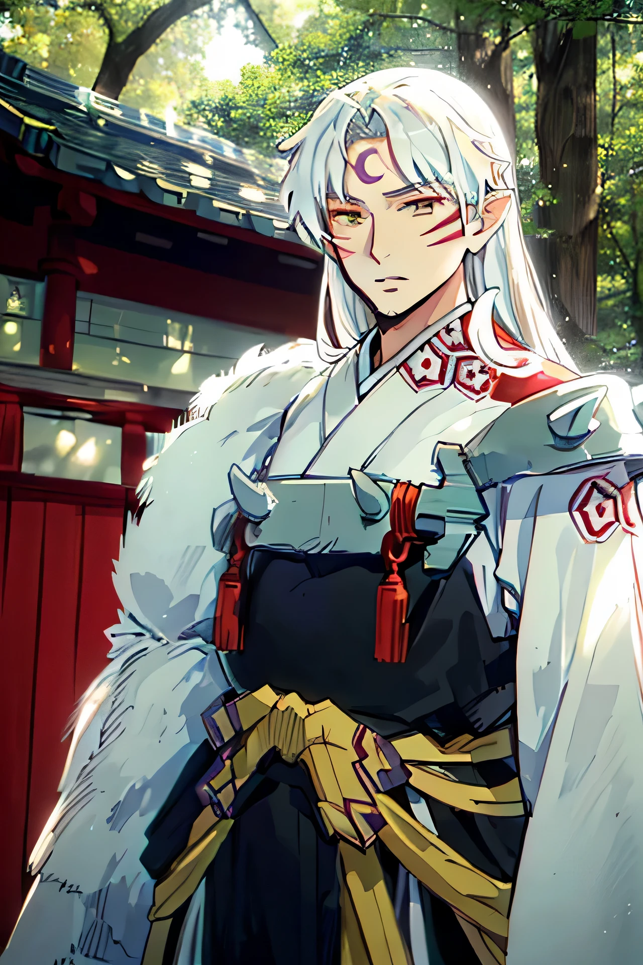 (a mature man), sesshomaru, ((upper body, head turned to the side)), japanese forest with a shrine in the background,daytime, standing,