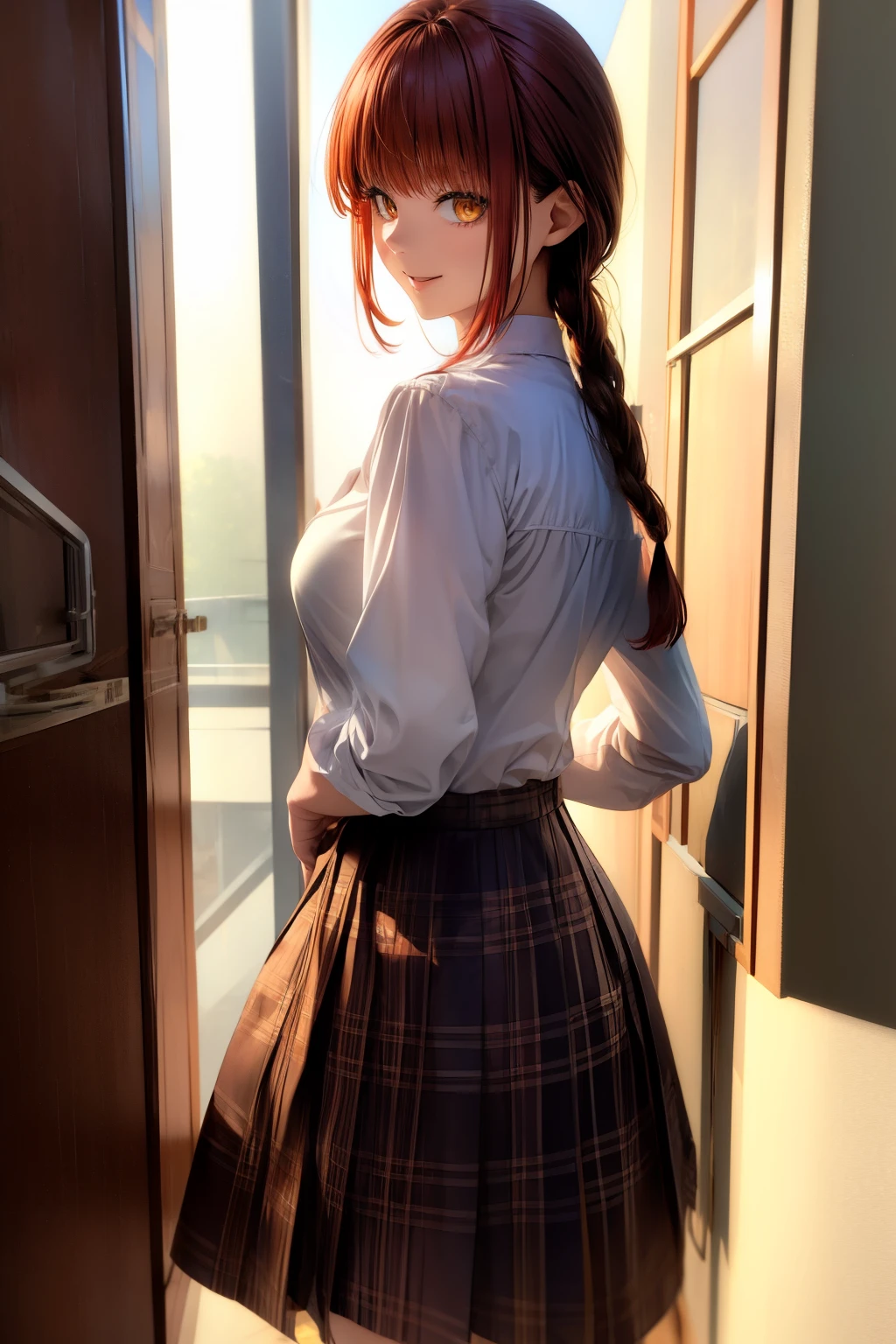 (masterpiece, highest quality:1.2), hand, Side view, super detailed, 1 girl, alone, Are standing, redhead, long braided hair, golden eyes, bangs, medium breasts, stare, smile, (evil:1.2), looking at the viewer, (interview:1.3), Wearing a JK uniform
