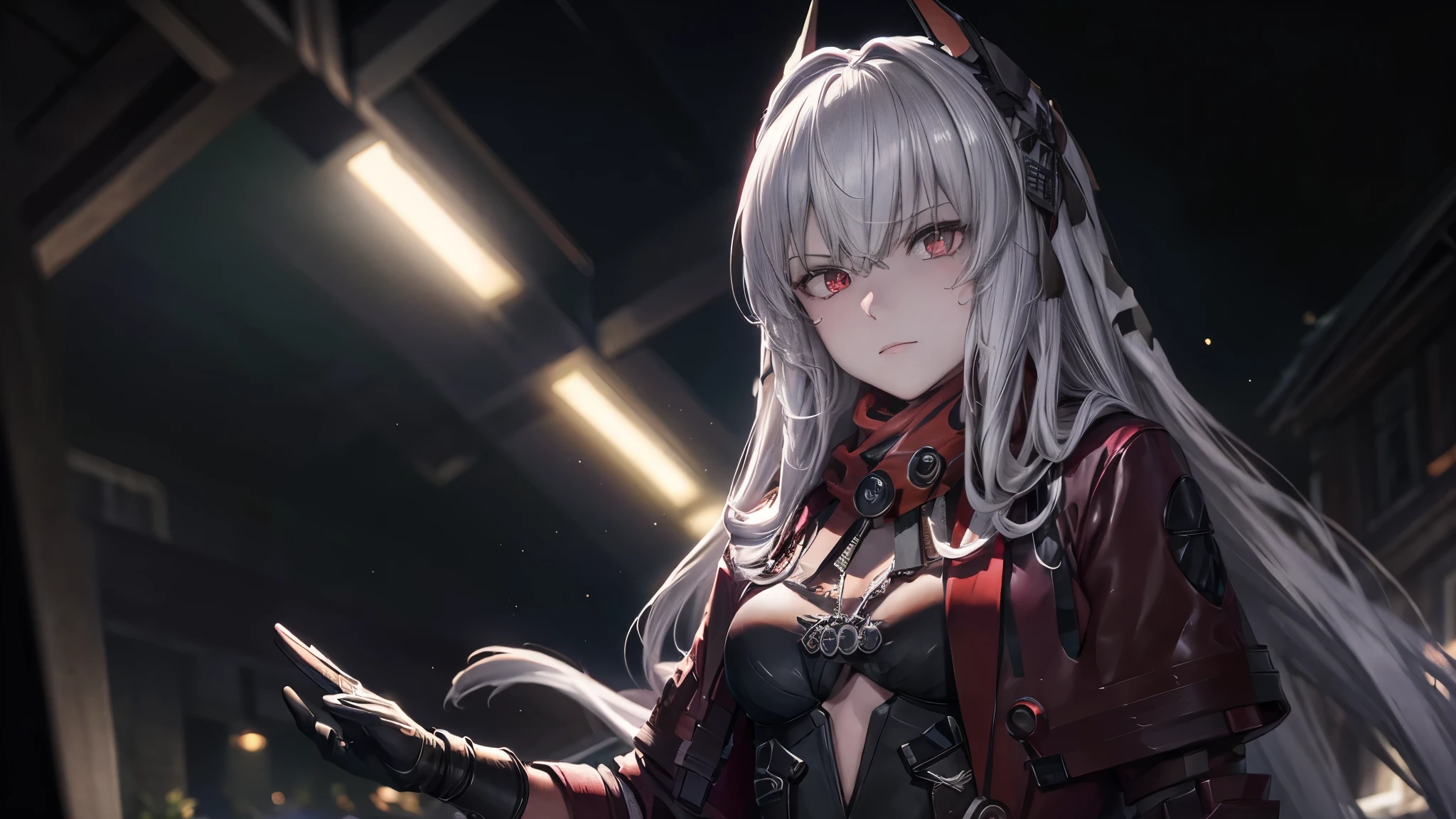 Meisterwerk, best quality, 1 Frau, Erwachsene, weiblicher Fokus, Allein, dunkelschwarzes Haar, leuchtend rote Augen, lange Haare, Blick auf den Betrachter, Geschlossener Mund, Fantasy aesthetics, Fantasy-Ohrring, sehr detailliert, shadowverse style, dunkler Waldhintergrund, im dunklen Wald, Elfenohr, Drow, Schwarze Verbrechen, schwarzer Schal um den Hals