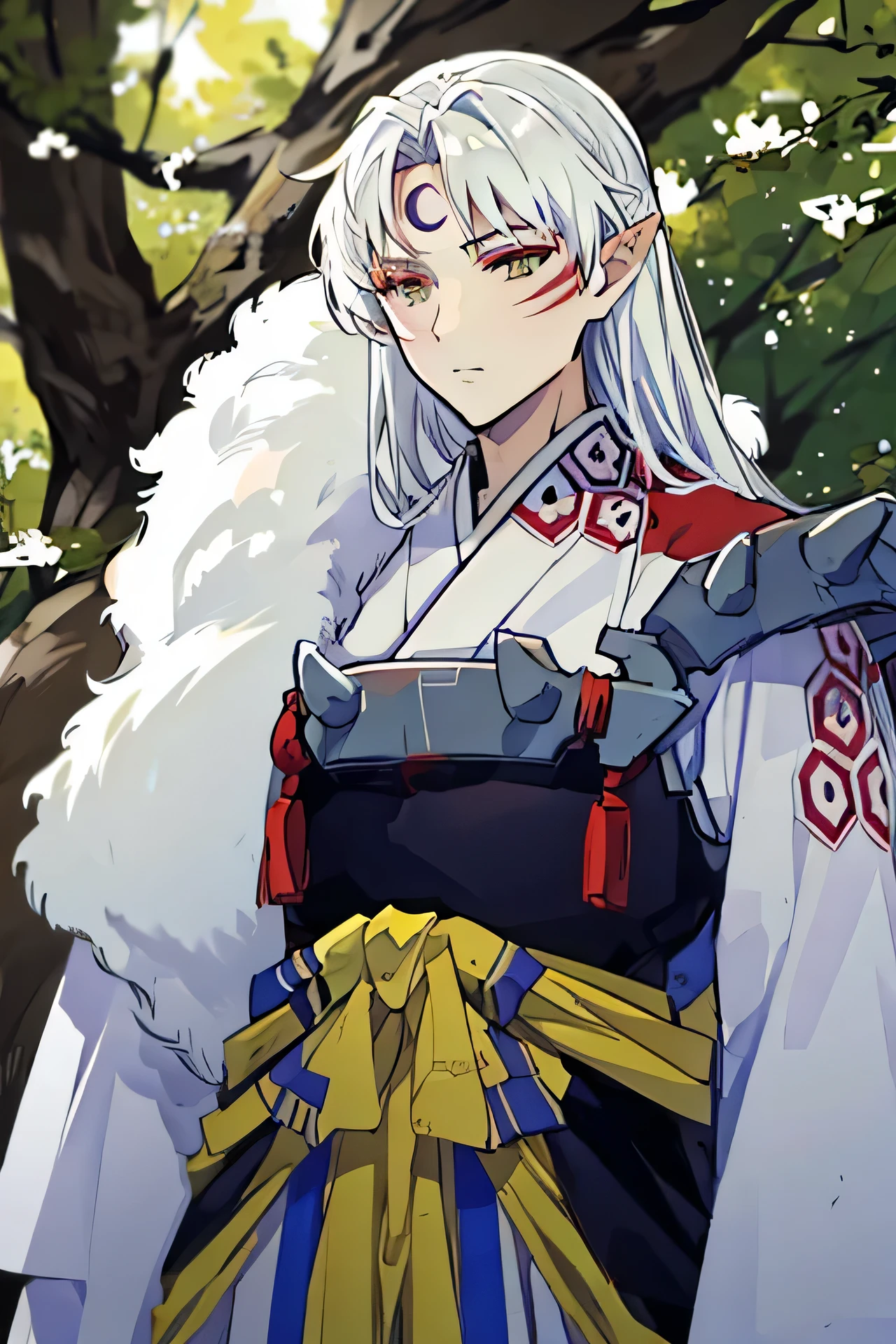 (a mature man), sesshomaru, ((upper body, head turned to the side)), japanese forest with a shrine in the background,daytime, standing,