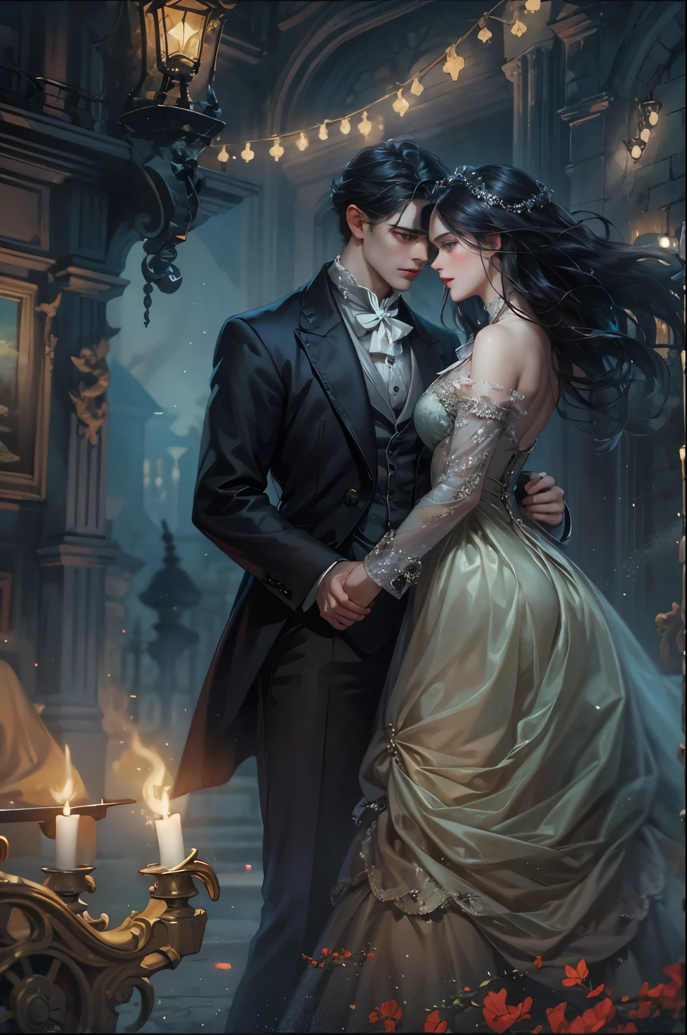 ((Best quality)), ((masterpiece)), (detailed), ((perfect face)), ((halfbody)) In the eerie twilight of a hauntingly beautiful carnival, a dashing young man with piercing blue eyes and raven hair, clad in a vintage black suit, confidently strolls along the cobblestone path. As he passes by the enigmatic carousel with its ghostly horses, he encounters a peculiar, yet alluring woman in a Victorian-inspired gown, who mysteriously appears from the shadows. Together, they embark on an intriguing journey through the dimly lit, yet captivatingly spooky attractions, unveiling hidden secrets and unraveling the enchanting mysteries that lie within the heart of this eerie wonderland.