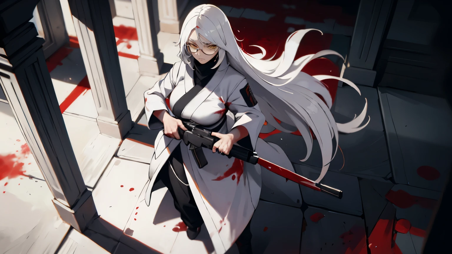 A woman with long white hair and a serious face stood holding a gun. There were dead people all over the floor. She was wearing a white ninja outfit with blood stains on it and had round glasses with yellow lenses holding a gun.