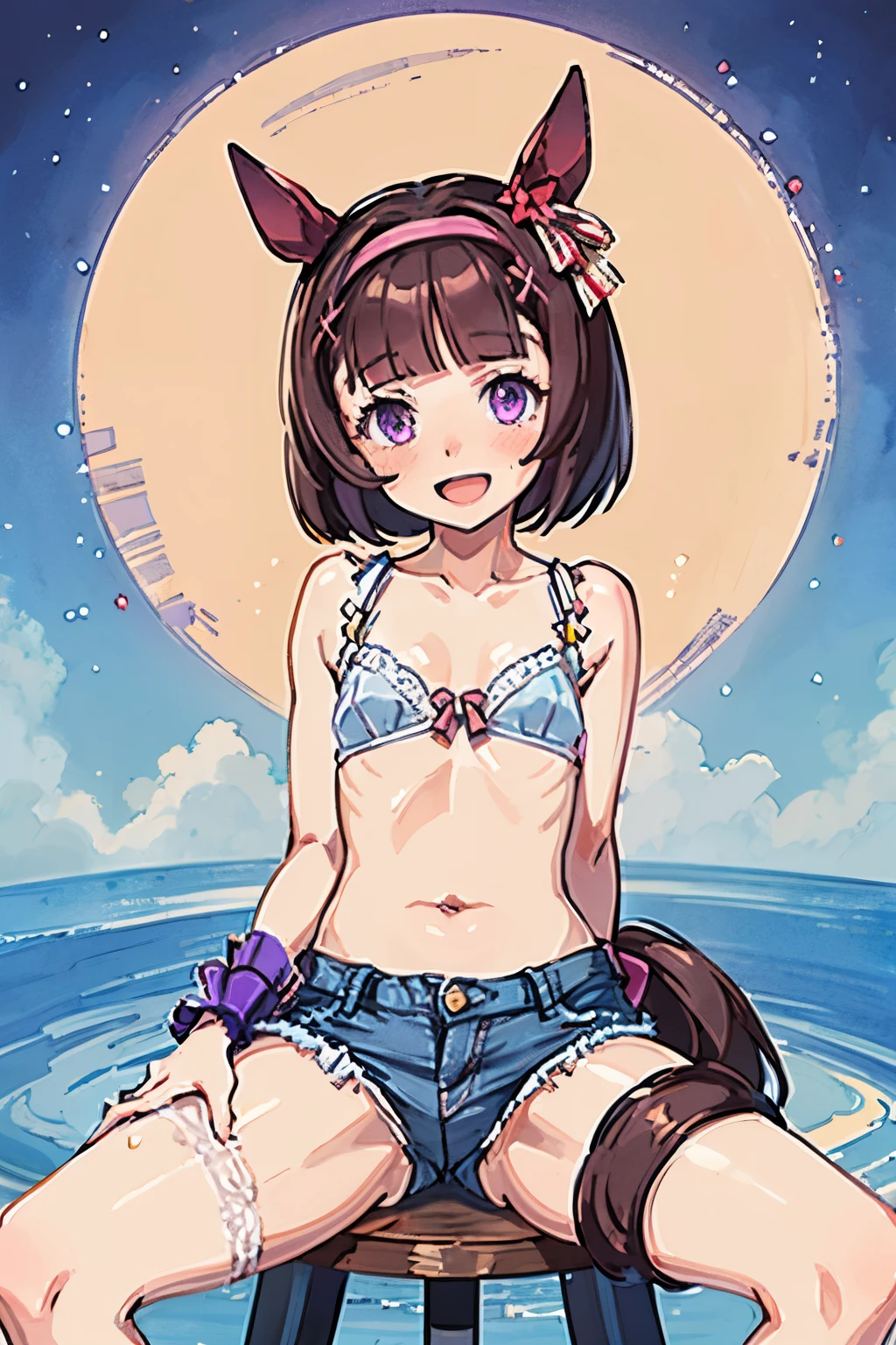 NSFW, , pull up the dress,bare chest,nipple,round genitals,revealing clothes,Uma Musume,Nishino flower,marl,short hair,red headband,beautiful purple eyes,purple and yellow dress,ribbon,,,Curvaceous,flower garden,smile with open mouth,blush,troubled face,best image quality,table top,)),(masterpiece),shape,brown hair,long hair,purple eyes,flowing bangs,long bangs,long hair,small breasts,hair covers right eye, smile,looking at the viewer,((highly detailed eyes)), (((lingerie))), masterpiece, highest quality, (abnormal body, small breasts, horse tail,smile, pool, whole body, frontage,hot pants denim,nipple, raise your legs,bra lift,((nsfw))