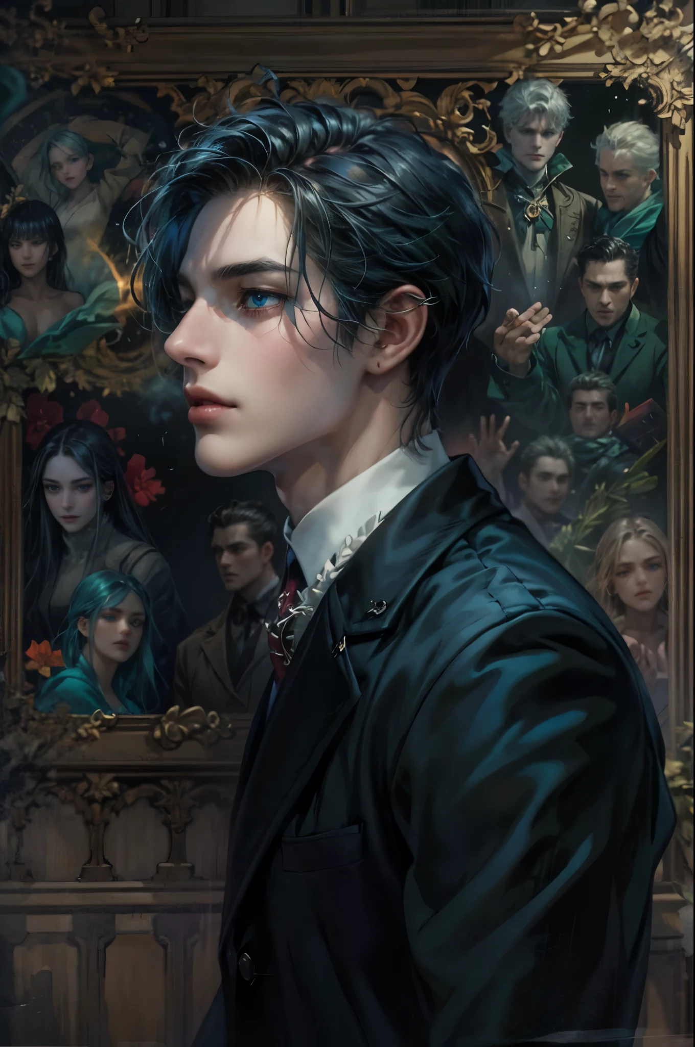 ((Best quality)), ((masterpiece)), (detailed), ((perfect face)), ((halfbody)) In the eerie twilight of a hauntingly beautiful carnival, a dashing young man with piercing blue eyes and raven hair, clad in a vintage black suit, confidently strolls along the cobblestone path. As he passes by the enigmatic booths with its that lie within the heart of this eerie wonderland.