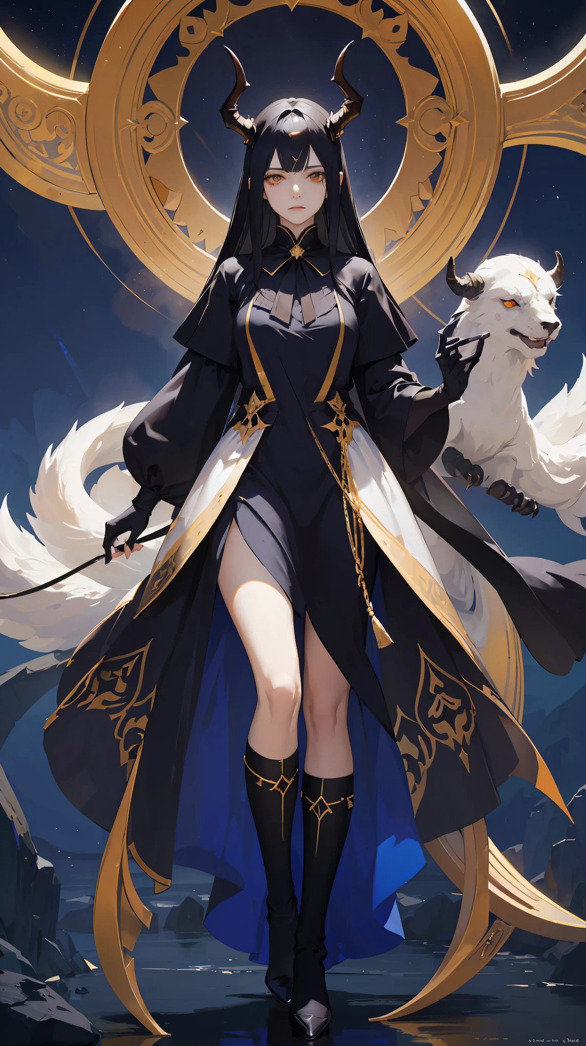 Seven Rhaeyar, Ancient Star goddess, Perfect female anatomy (Adult Female, 166cm in height, pale skin, slim, slender, 34D breast size, Dark Orange Eyes with beautiful details, Long Straight Black Hair, Beauty Mark Mole on right cheek bone, a set of black horns on her head), Neutral facial expression, Elegant white dress with black bow tie, blue coat knee length, dragon motifs, gold and rope accessories, View of the open blue sky with only clouds, receiving light from the front, Ethereal glow