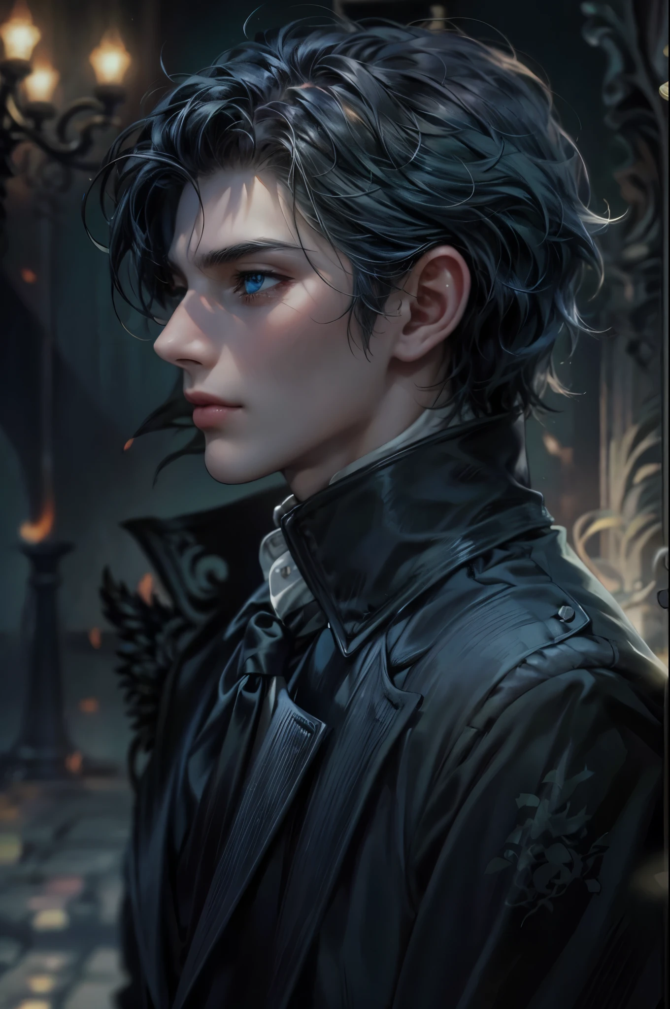 ((Best quality)), ((masterpiece)), (detailed), ((perfect face)), ((halfbody)) In the eerie twilight of a hauntingly beautiful carnival, a dashing young man with piercing blue eyes and raven hair, clad in a vintage black suit, confidently strolls along the cobblestone path. As he passes by the enigmatic booths with its that lie within the heart of this eerie wonderland.