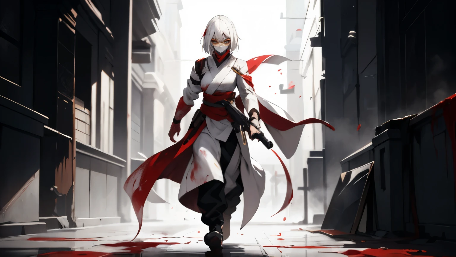 A woman with white hair and a serious face stood holding a gun. There were dead people all over the floor. She was wearing a white ninja outfit with blood stains on it and had round glasses with yellow lenses holding a gun.
