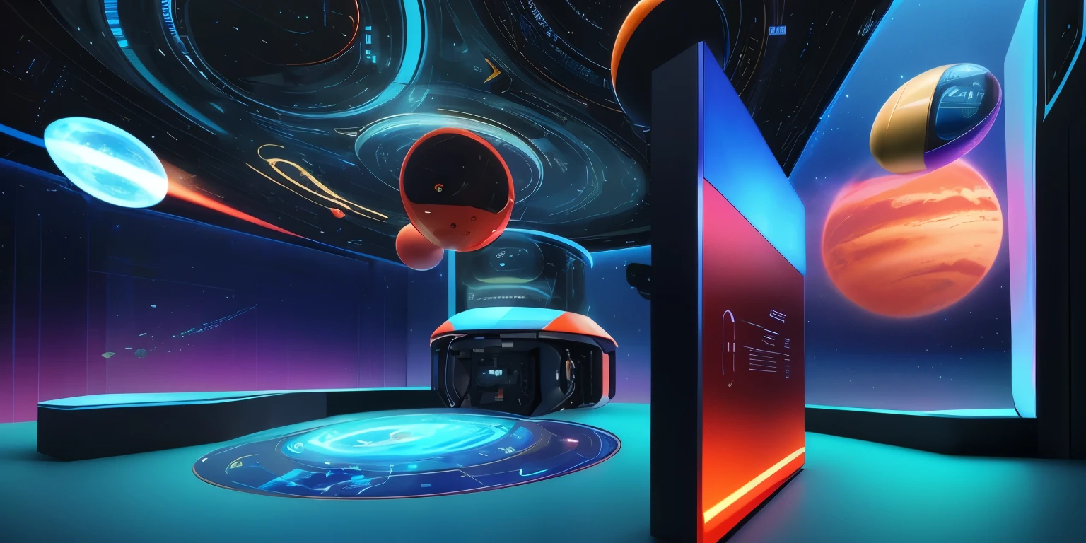 futurespace航展厅,Cool colors,high tech,reflection,Mars、Earth、saturn、Jupiter、The moon is suspended in mid-air,solar system planet orbits,镜面reflection,space,lunar probe,模拟Mars表面的地面,high tech,future,cyberpunk,holographic,互动high tech界面,LED,full of science fiction,High precision,Rich in details。Exhibition design,