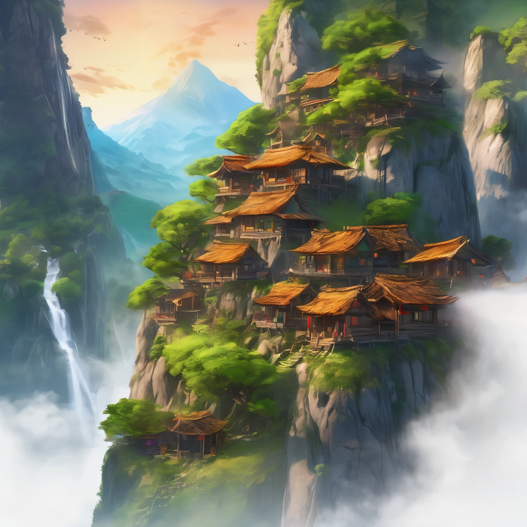 An elven village built in large trees on the side of a sacred mountain, (best quality,4k,8k,highres,masterpiece:1.2), ultra-detailed, realistic:1.37, HDR, UHD, studio lighting, extreme detail description, professional, vivid colors, bokeh, portraits, landscape, (Art style of: Wu Guanzhong), vibrant and dynamic colors, soft lighting.
