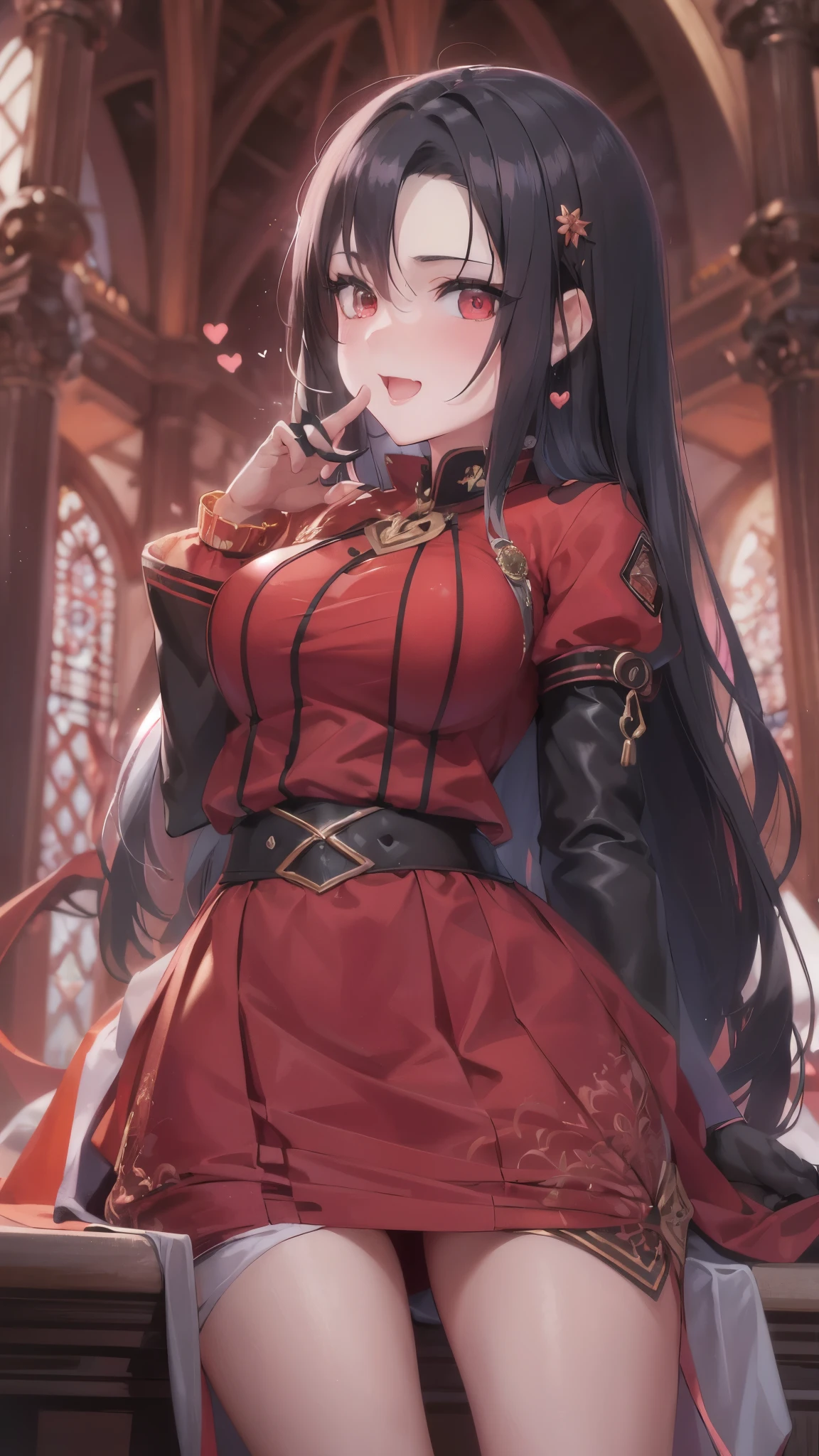 perfect anatomy, masterpiece:1.2, best quality, 8k, beautiful detailed grow, daydreaming expression, (((heart pose))) (solo:1.3 straight black hair long hair femdom girl,  yo, beautiful red eyes, bigboobs), Yawn face, blushing, love smile, in a red casual sit, long skirt, in the enchanted castle.