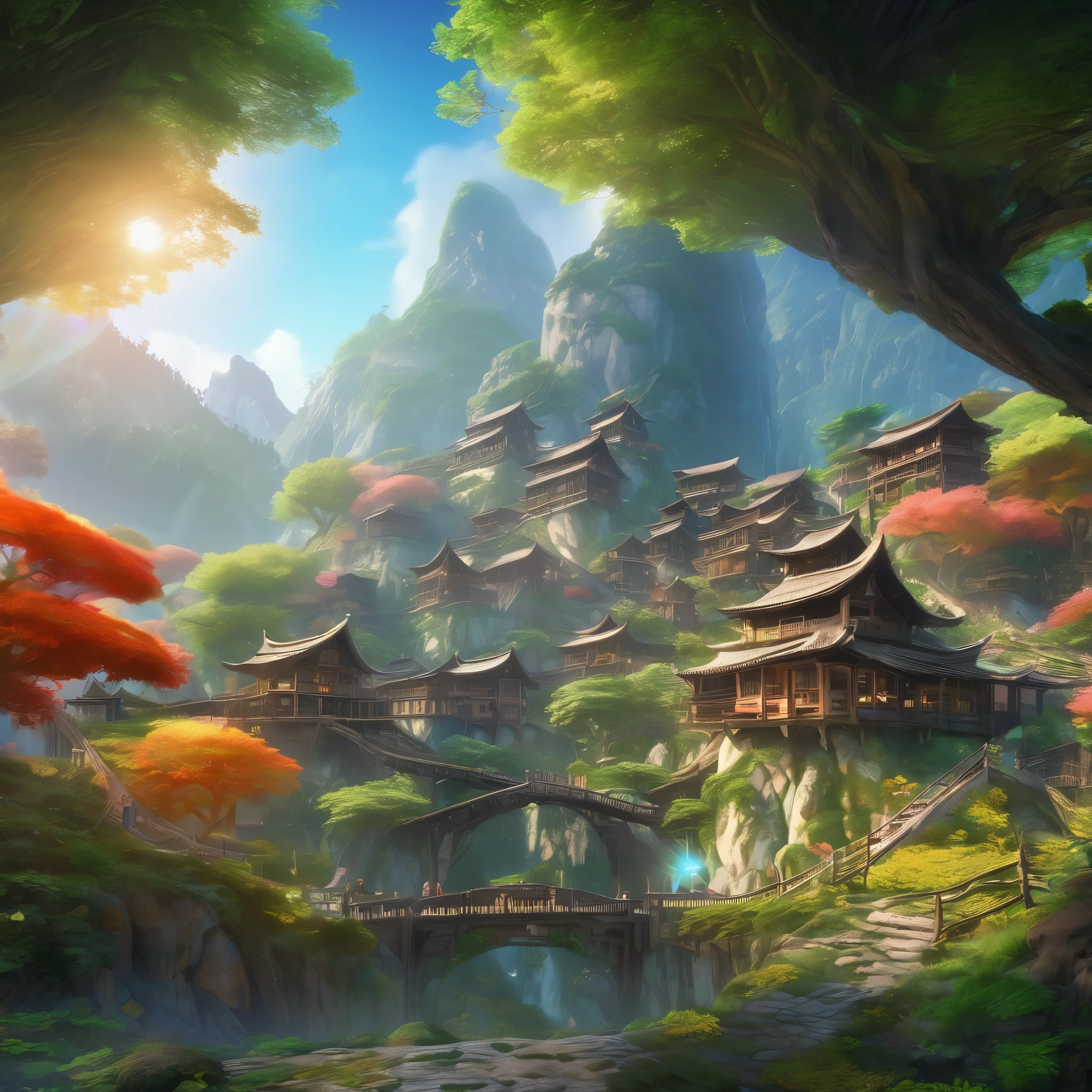 An elven village built in large trees on the side of a sacred mountain, (best quality,4k,8k,highres,masterpiece:1.2), ultra-detailed, realistic:1.37, HDR, UHD, studio lighting, extreme detail description, professional, vivid colors, bokeh, portraits, landscape, (Art style of: Wu Guanzhong), vibrant and dynamic colors, soft lighting.