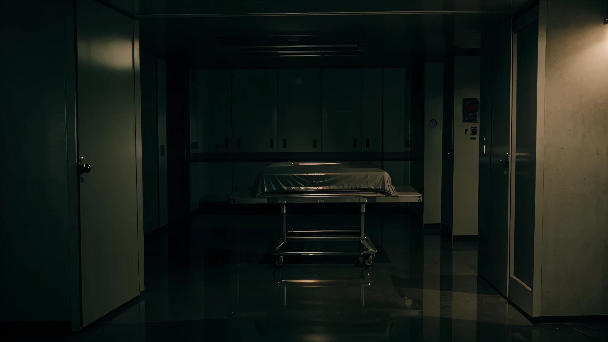 ultra realistic image of a morgue at night, cena de filme de terror