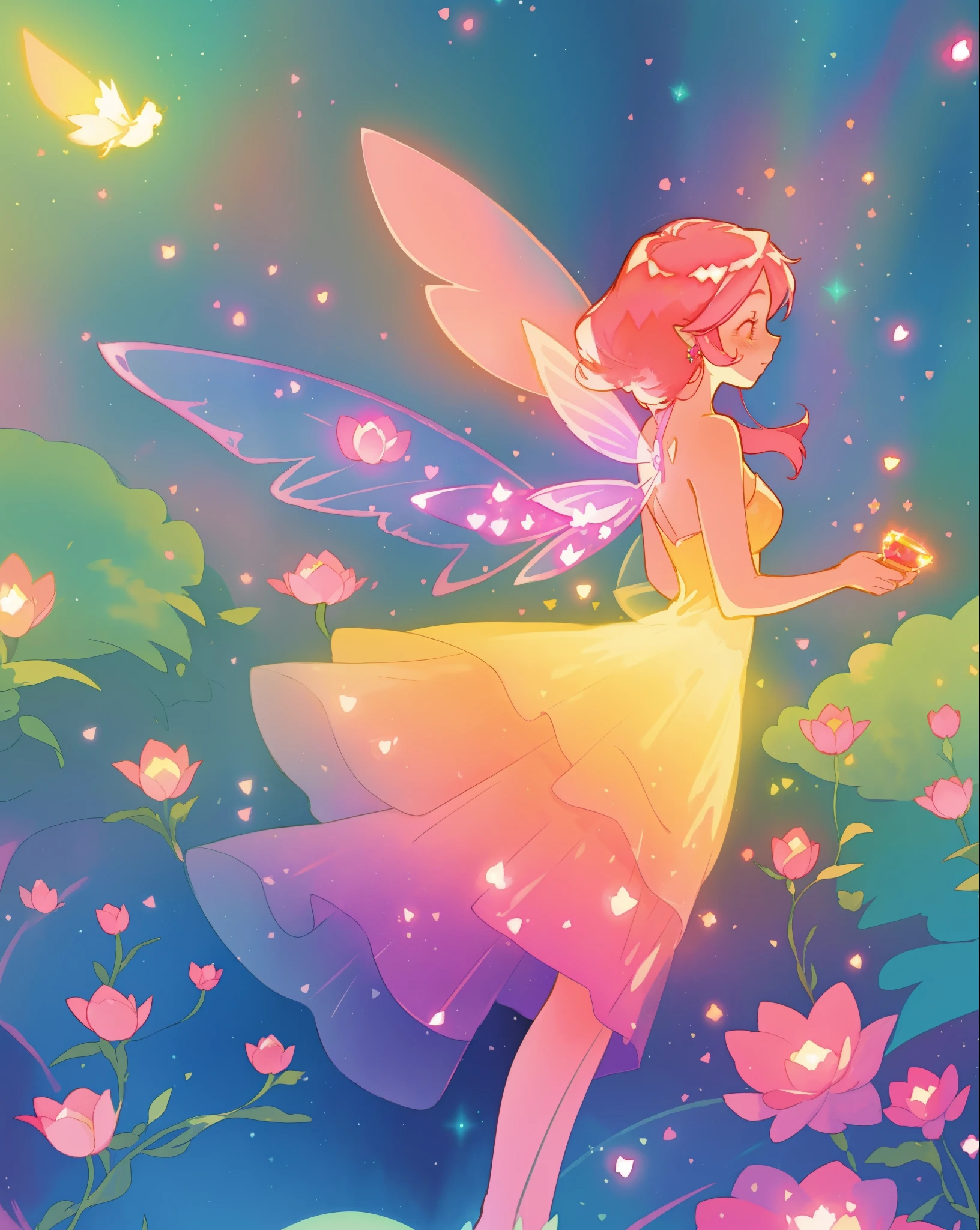 beautiful fairy girl in a sparkling layered dress, long flowing pink peach red hair, (large sparkling colorful fairy wings on her back), colorful fantasia background, flowers meadow, watercolor illustration, disney art style, glowing aura around her, glowing lights, beautiful digital illustration, fantasia otherworldly landscape plants flowers, beautiful, masterpiece, best quality, anime disney style