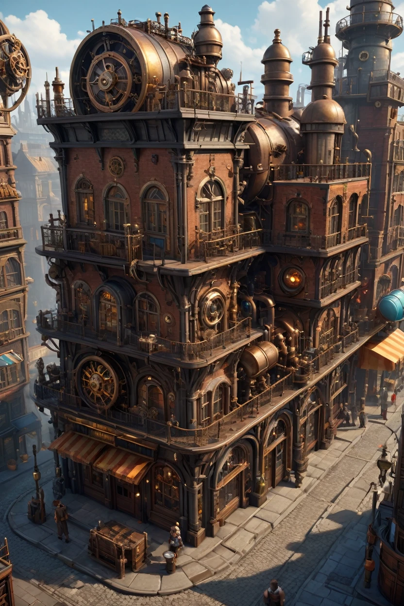 best quality,highres,masterpiece:1.2,ultra-detailed,realistic:1.37,professional,steampunk game asset,stunning 3d rendering,highly detailed building,(isometric view),vibrant colors,meticulously designed architecture,intricate gears and pipes,impressive sense of scale,attention to fine details,brass metal accents,exquisite textures,elaborate decorations,impressive craftsmanship,(flat background color:1.5),moody lighting,captivating atmosphere