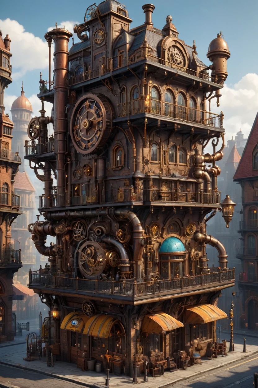 best quality,highres,masterpiece:1.2,ultra-detailed,realistic:1.37,professional,steampunk game asset,stunning 3d rendering,highly detailed building,(isometric view),vibrant colors,meticulously designed architecture,intricate gears and pipes,impressive sense of scale,attention to fine details,brass metal accents,exquisite textures,elaborate decorations,impressive craftsmanship,(flat background color:1.5),moody lighting,captivating atmosphere