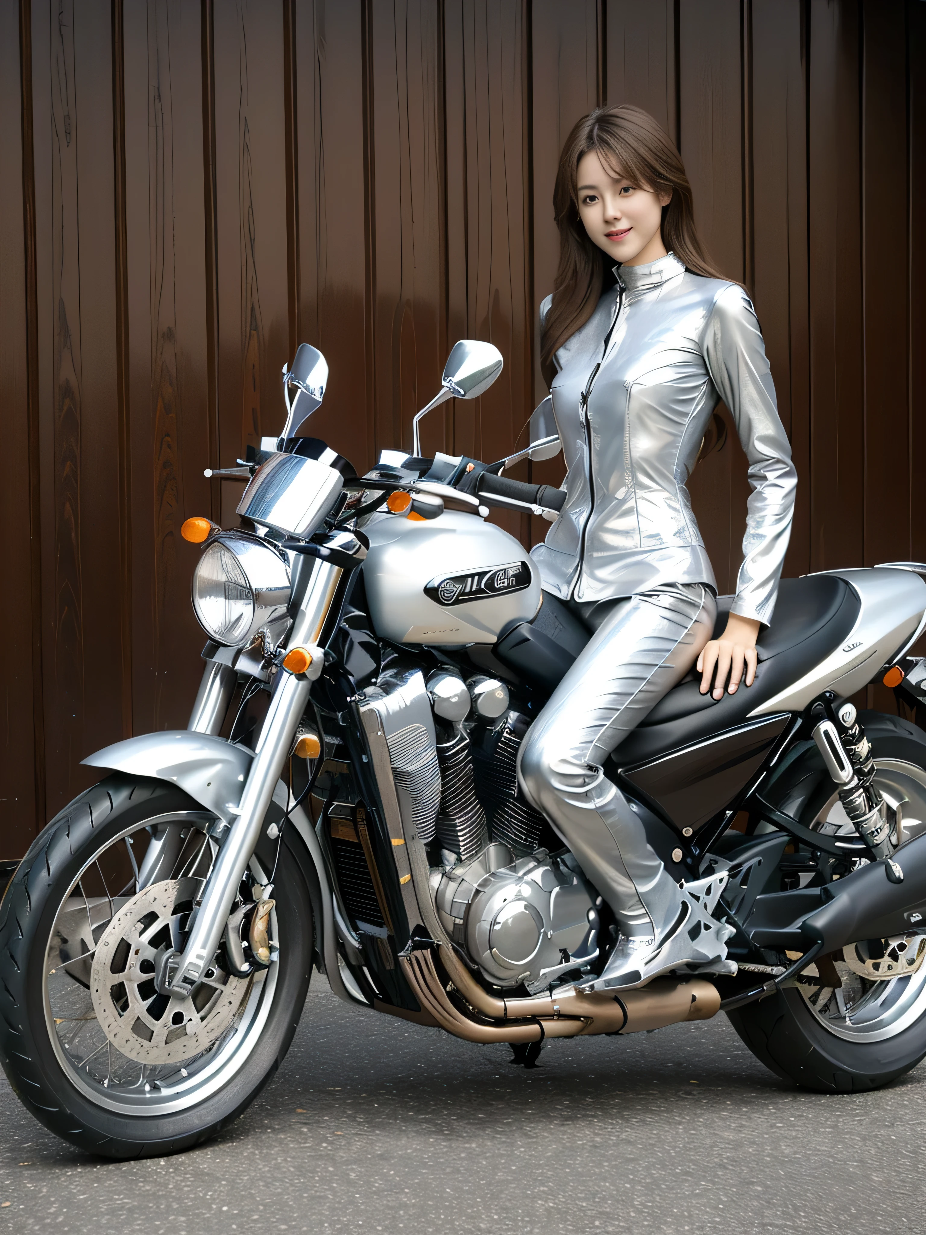 Super detailed, High resolution, (realistic, Photoreal:1.4), 8K, RAW photo, (masterpiece), (highest quality), (The details are very fine)、Physically based rendering, ((((ride a motorcycle))))、Female college student, long brown hair, Korea,  smile、((long legs))、slender body、((silver rider suit))、long pants