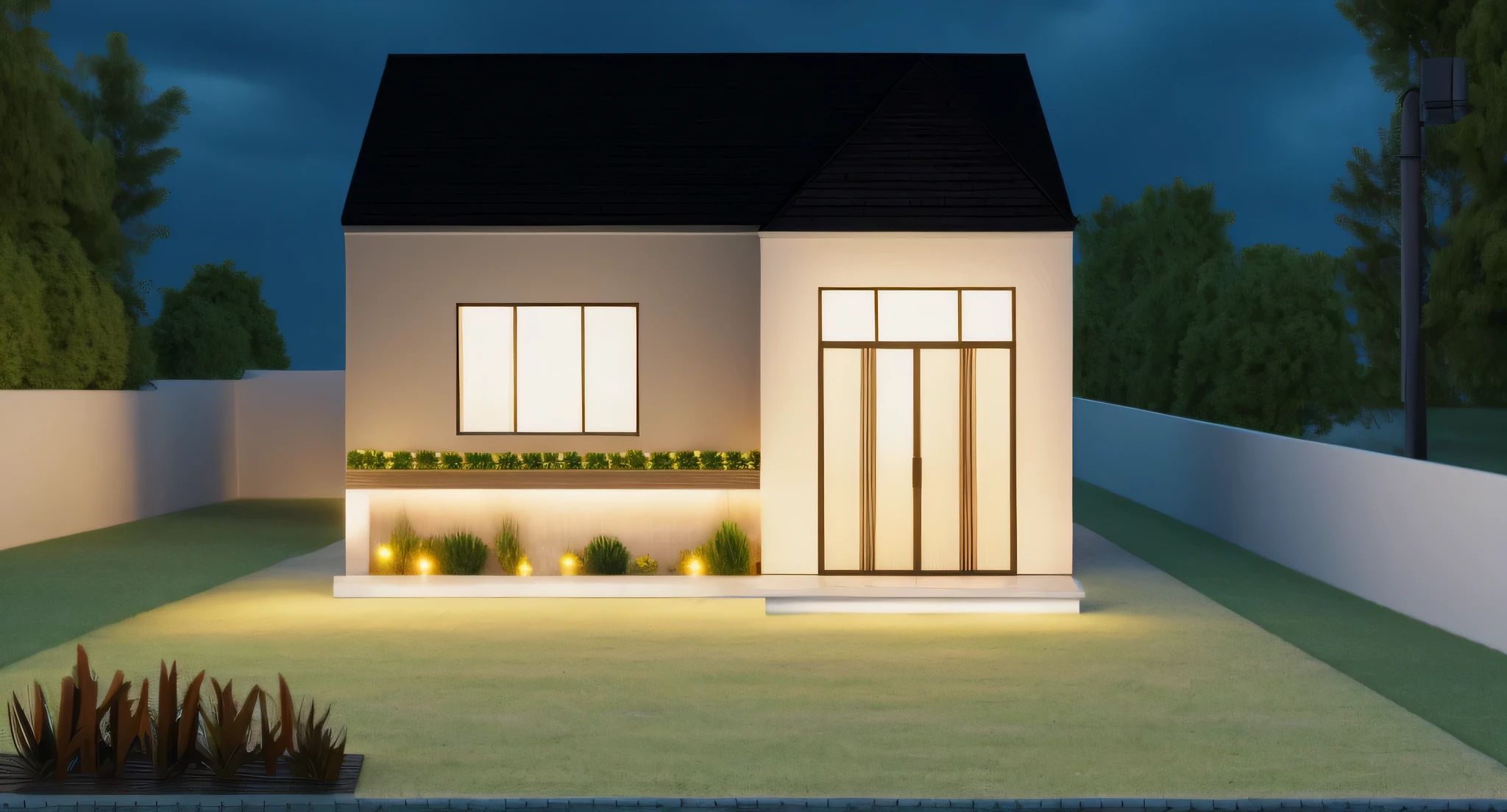 Realistic images, extremely detailed, a modern house, 1 road in font of house, large yard made by ceramic, (1 car), brick fence, lawn, a few small flowers, a road in front of the house, main materials of the house are white walls and red brick, Modern design, clear blue sky, sunrise light, light from inside, dynamic light,shimering light, cinematic light, romantic feeling, (((day light, warm light)))