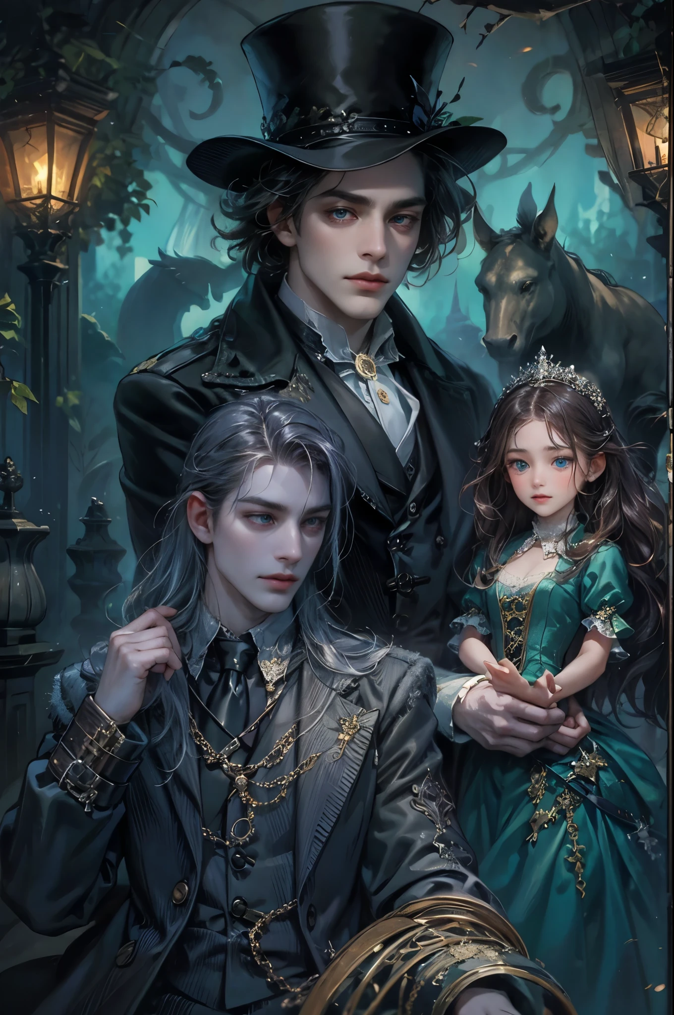 ((Best quality)), ((masterpiece)), (detailed), ((perfect face)), ((halfbody)) In the eerie twilight of a hauntingly beautiful carnival, a dashing young man with piercing blue eyes and raven hair, clad in a vintage black suit, confidently strolls along the cobblestone path. As he passes by the enigmatic carousel with its ghostly horses, he encounters a peculiar, yet alluring woman in a Victorian-inspired gown, who mysteriously appears from the shadows. Together, they embark on an intriguing journey through the dimly lit, yet captivatingly spooky attractions, unveiling hidden secrets and unraveling the enchanting mysteries that lie within the heart of this eerie wonderland.