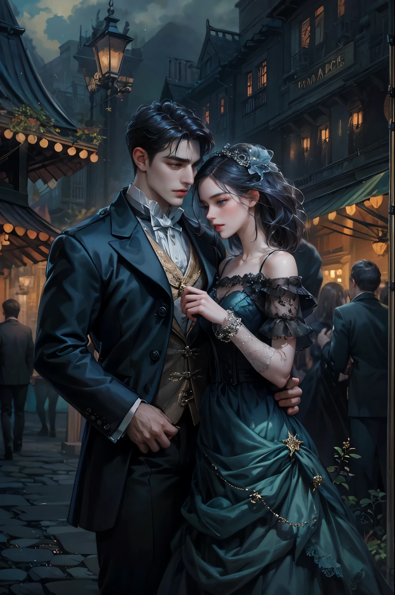 ((Best quality)), ((masterpiece)), (detailed), ((perfect face)), ((halfbody)) In the eerie twilight of a hauntingly beautiful carnival, a dashing young man with piercing blue eyes and raven hair, clad in a vintage black suit, confidently strolls along the cobblestone path. As he passes by the enigmatic carousel with its ghostly horses, he encounters a peculiar, yet alluring woman in a Victorian-inspired gown, who mysteriously appears from the shadows. Together, they embark on an intriguing journey through the dimly lit, yet captivatingly spooky attractions, unveiling hidden secrets and unraveling the enchanting mysteries that lie within the heart of this eerie wonderland.