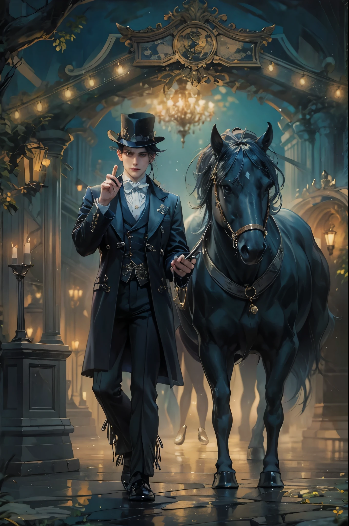((Best quality)), ((masterpiece)), (detailed), ((perfect face)), ((halfbody)) In the eerie twilight of a hauntingly beautiful carnival, a dashing young man with piercing blue eyes and raven hair, clad in a vintage black suit, confidently strolls along the cobblestone path. As he passes by the enigmatic carousel with its ghostly horses, he encounters a peculiar, yet alluring woman in a Victorian-inspired gown, who mysteriously appears from the shadows. Together, they embark on an intriguing journey through the dimly lit, yet captivatingly spooky attractions, unveiling hidden secrets and unraveling the enchanting mysteries that lie within the heart of this eerie wonderland.