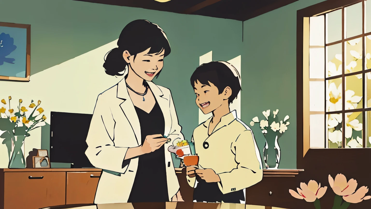 scene 1:Living room picture: son:Mother,Spring flowers bloom in March,Take advantage of the good weather,Let me take you for a dental checkup.。 Mother:No,Thanks。my teeth are good,It’s okay to eat and drink。
