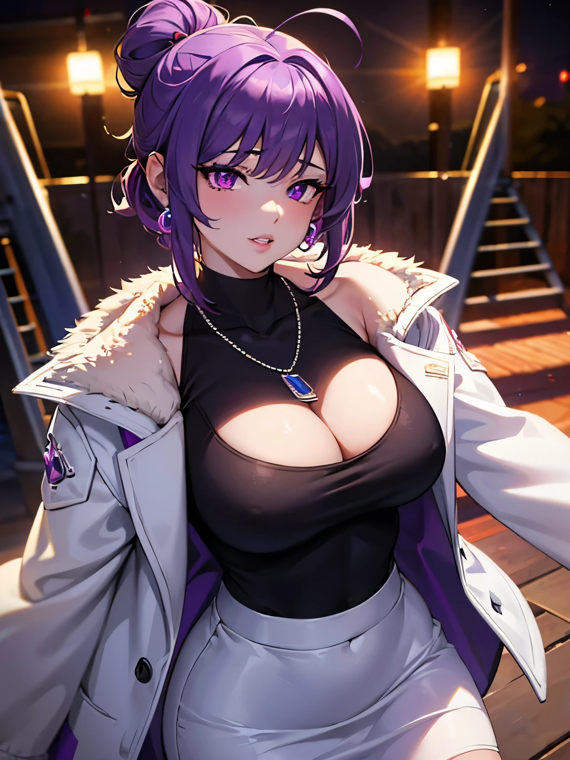 masterpiece:1.5, best quality:1.5, aesthetic, 1girl, sidelocks, cinematic lighting, sharp focus,large breasts , mature female, horny ,16k, glowing eyes, detailed 4k eyes,
playground,seduction,sexy lips, parted lips,detailed lips,
red lips, high detailed background,((big purple eyes)), detailed face,shiny skin,
auntjunev3,auntjune,,hair bun, bangs, messy hair,
necklace, jewelry earrings , pearl necklace,white coat BREAK,black shirt BREAK,white skirt, pencil skirt, sleeves rolled up