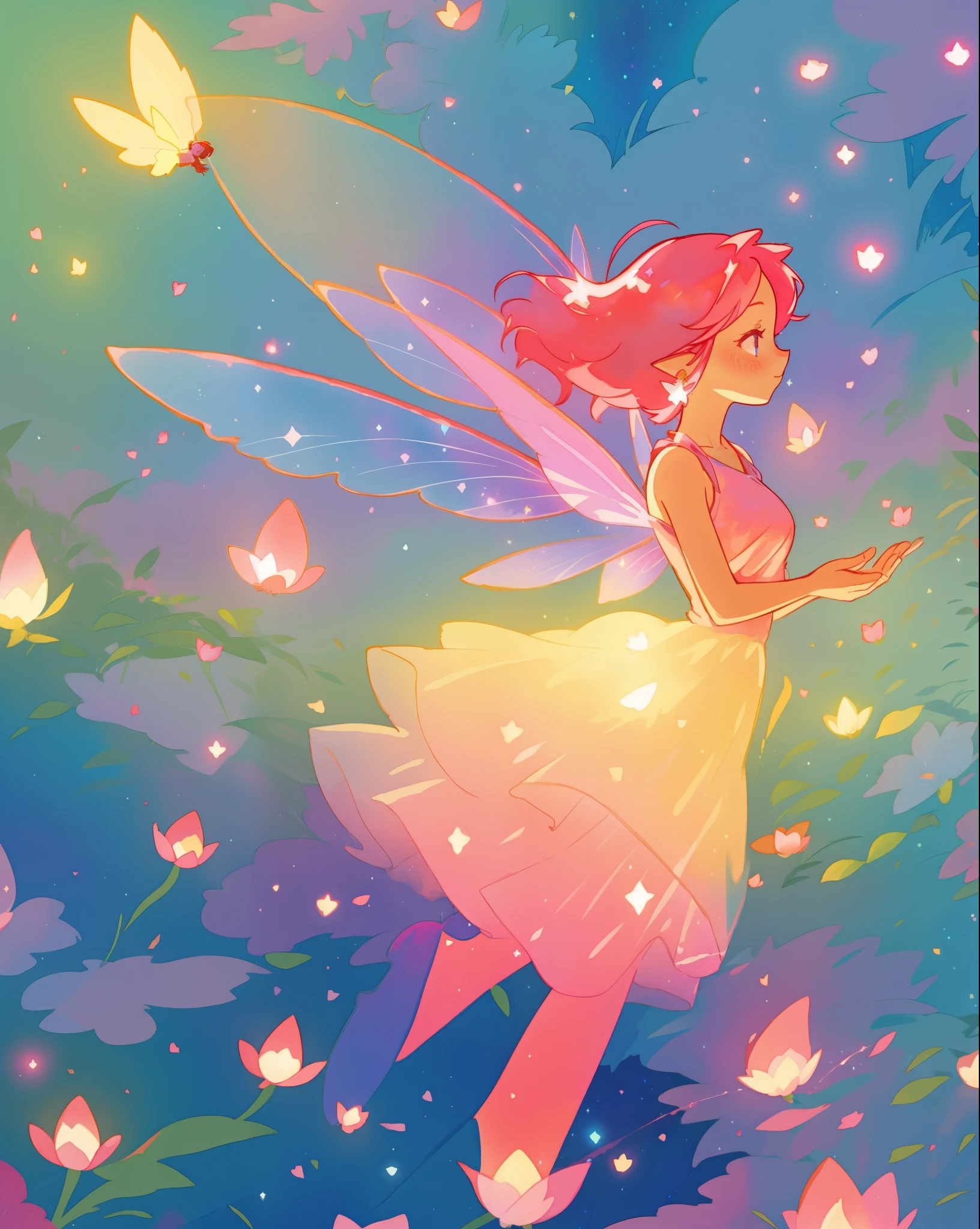 beautiful fairy girl in a sparkling layered dress, long flowing pink peach red hair, (large sparkling colorful fairy wings on her back), colorful fantasia background, flowers meadow, watercolor illustration, disney art style, glowing aura around her, glowing lights, beautiful digital illustration, fantasia otherworldly landscape plants flowers, beautiful, masterpiece, best quality, anime disney style
