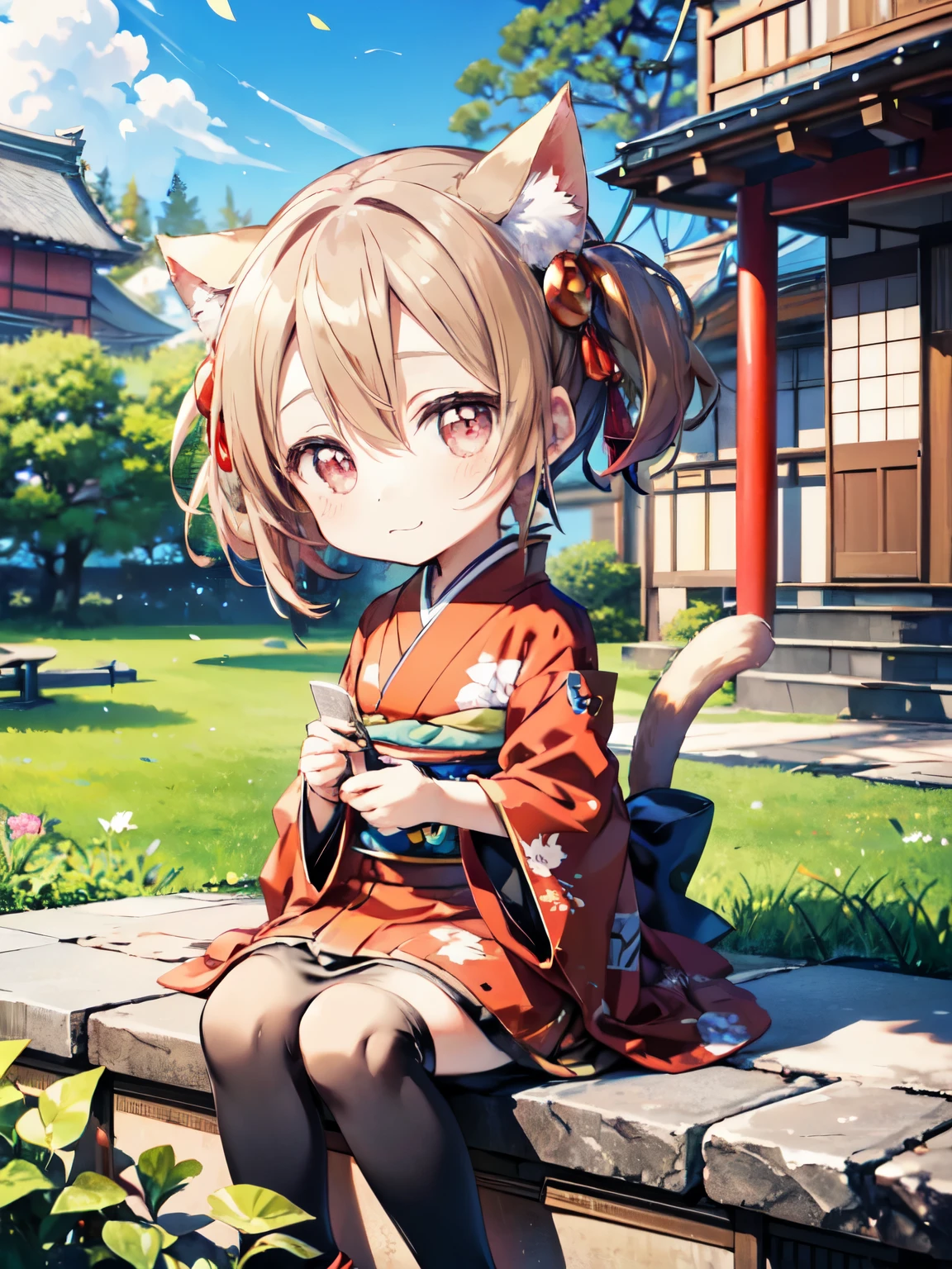 masterpiece、highest quality、very detailed、alone、(Chibi Cute:1.5)、silica,garden、beautiful flower々満開のgarden、Cat ear、Cute tail,Kimono from the Taisho era in Japan、white color kimono、Silica_SAO,absolute reference to center