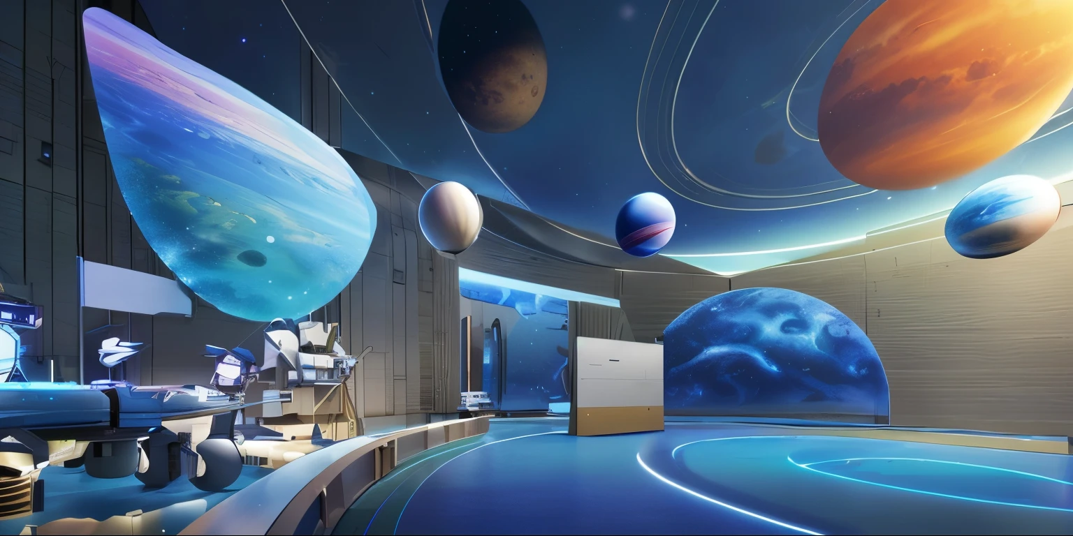 futurespace航展厅，Cool colors，Interior space，The lights are dim，仿佛置身space，high tech，reflection，Mars、Earth、saturn、Jupiter、The moon is suspended in mid-air，solar system planet orbits，屋顶模拟无限的space背景，镜面reflection，space，lunar probe，模拟Mars表面的地面，high tech，future，cyberpunk，holographic，互动high tech界面，LED，full of science fiction，High precision，Rich in details。Exhibition design，