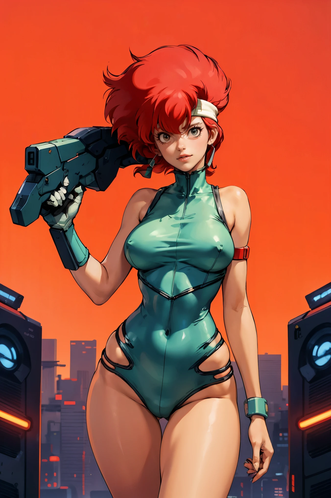 Kei from The Dirty Pair, , wearing a tight outfit, skimpy, legs, medium breast, red hair beauty, cyberpunk city background, holding retro space-gun, headband, slim waist, slim thighs, thigh gap