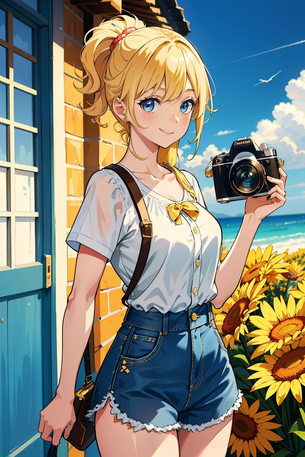 A charming girl with blonde hair and bright blue eyes, dressed in a colorful cartoon-style outfit, confidently holds a camera in front of her, capturing the world around her with a bright smile. The background is a vibrant scene of various hues and patterns, with the suncasting a warm, golden light over the entire scene. She wears a short-sleeved blouse and a pair of denim shorts, and her hair is styled in loose curls that cascade down her back. Her attire complements her bubbly personality and adds to the cheerful atmosphere of the image. The camera she holds is a classic model, adding to the vintage feel of the scene. The