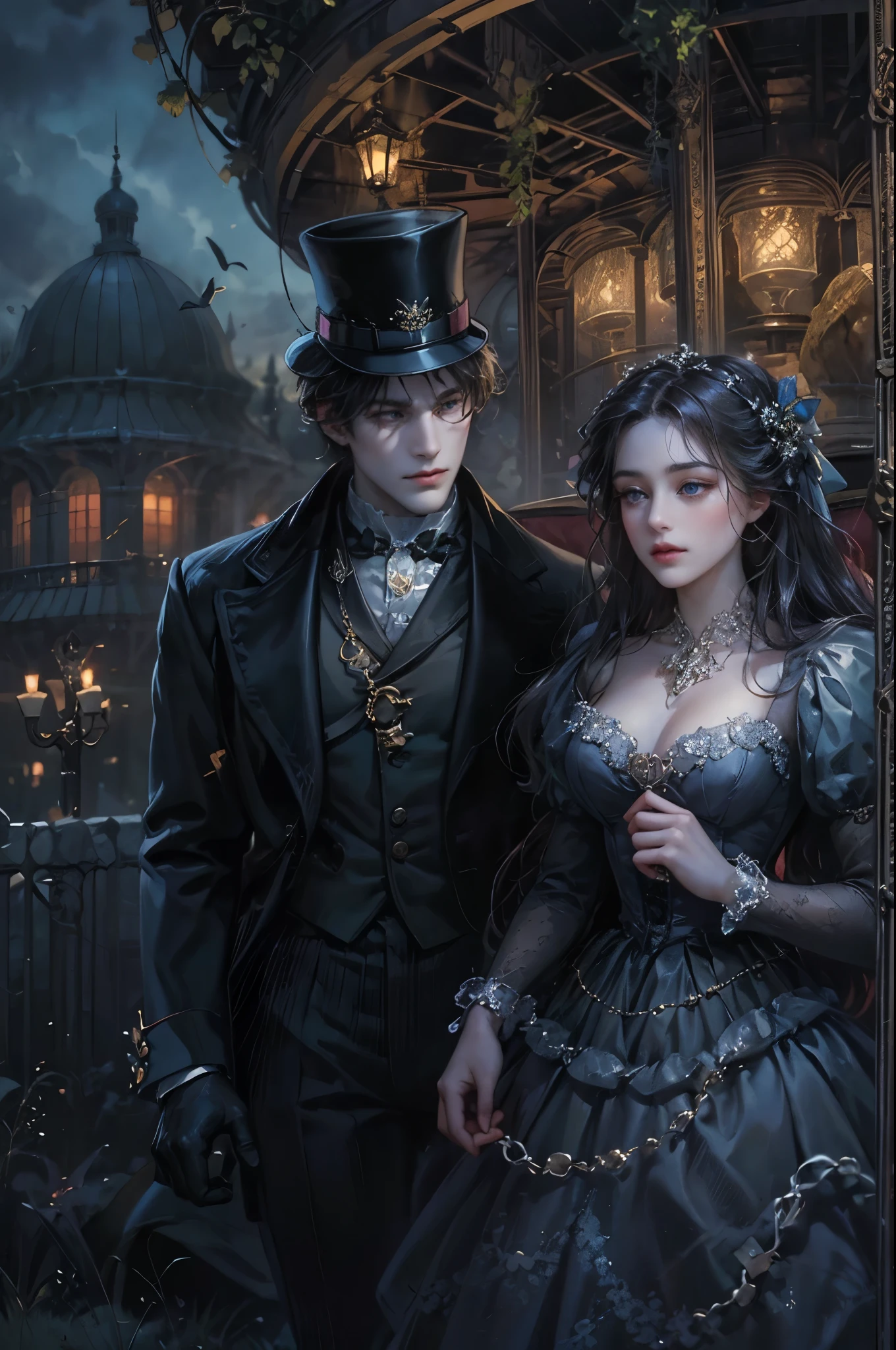 ((Best quality)), ((masterpiece)), (detailed), ((perfect face)), ((halfbody)) In the eerie twilight of a hauntingly beautiful carnival, a dashing young man with piercing blue eyes and raven hair, clad in a vintage black suit, confidently strolls along the cobblestone path. As he passes by the enigmatic carousel with its ghostly horses, he encounters a peculiar, yet alluring woman in a Victorian-inspired gown, who mysteriously appears from the shadows. Together, they embark on an intriguing journey through the dimly lit, yet captivatingly spooky attractions, unveiling hidden secrets and unraveling the enchanting mysteries that lie within the heart of this eerie wonderland.
