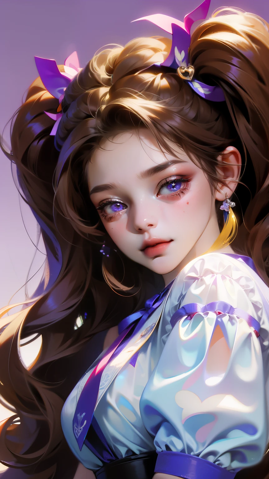 (1girl), masterpiece, best quality, super fine illustration, an extremely cute , highly detailed beautiful face, looking at viewer, 1girl, belt, closeup, looking at viewer, 4k, high res, ribbon, firis mistuld, blush, pov, twintail hair, white background, simple background, thick outline, purple eyes, (sleep), black hair, chibi, love expression,  ((brown hair)), (blood),