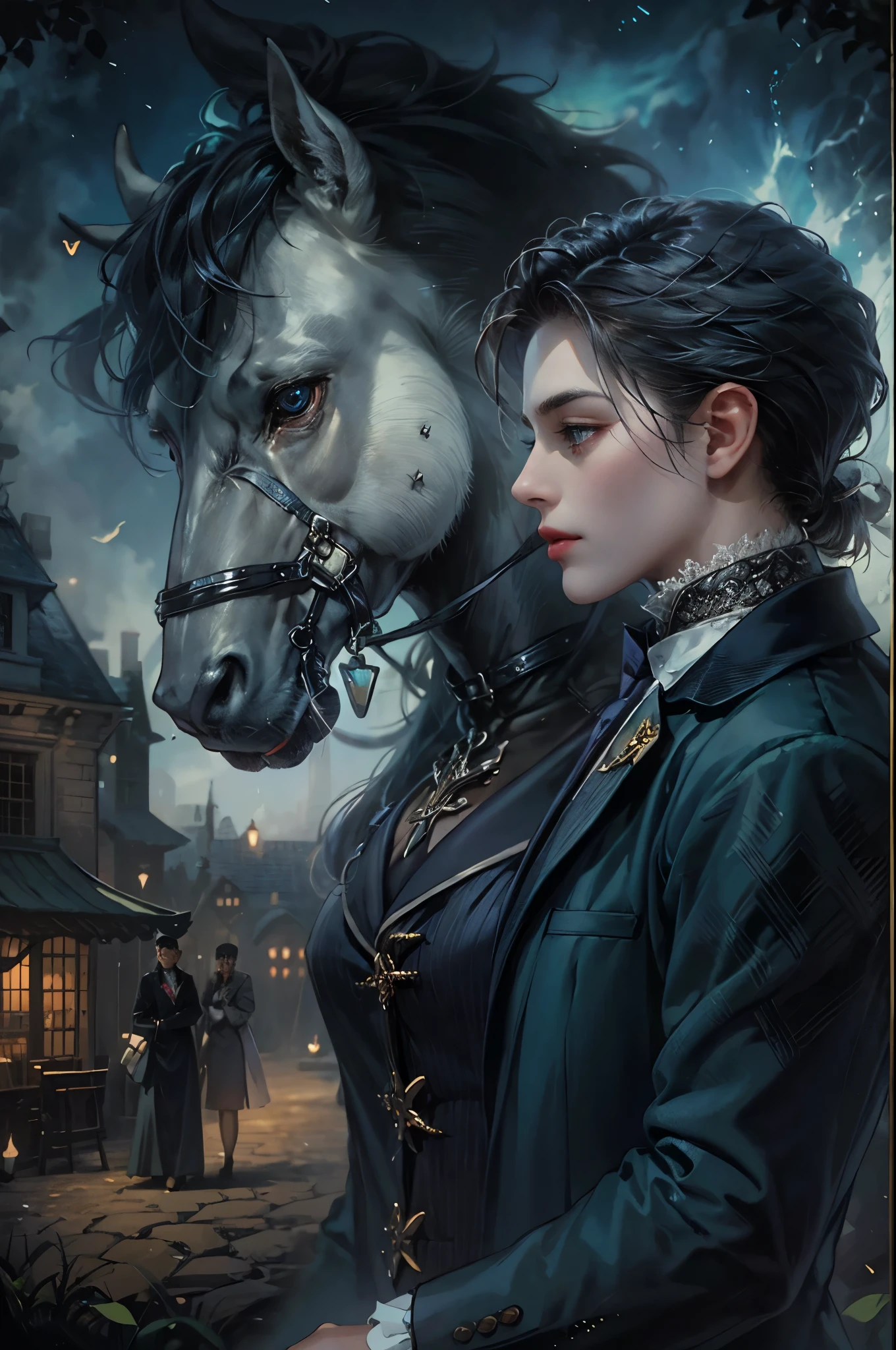 ((Best quality)), ((masterpiece)), (detailed), ((perfect face)), ((halfbody)) In the eerie twilight of a hauntingly beautiful carnival, a dashing young man with piercing blue eyes and raven hair, clad in a vintage black suit, confidently strolls along the cobblestone path. As he passes by the enigmatic carousel with its ghostly horses, he encounters a peculiar, yet alluring woman in a Victorian-inspired gown, who mysteriously appears from the shadows. Together, they embark on an intriguing journey through the dimly lit, yet captivatingly spooky attractions, unveiling hidden secrets and unraveling the enchanting mysteries that lie within the heart of this eerie wonderland.