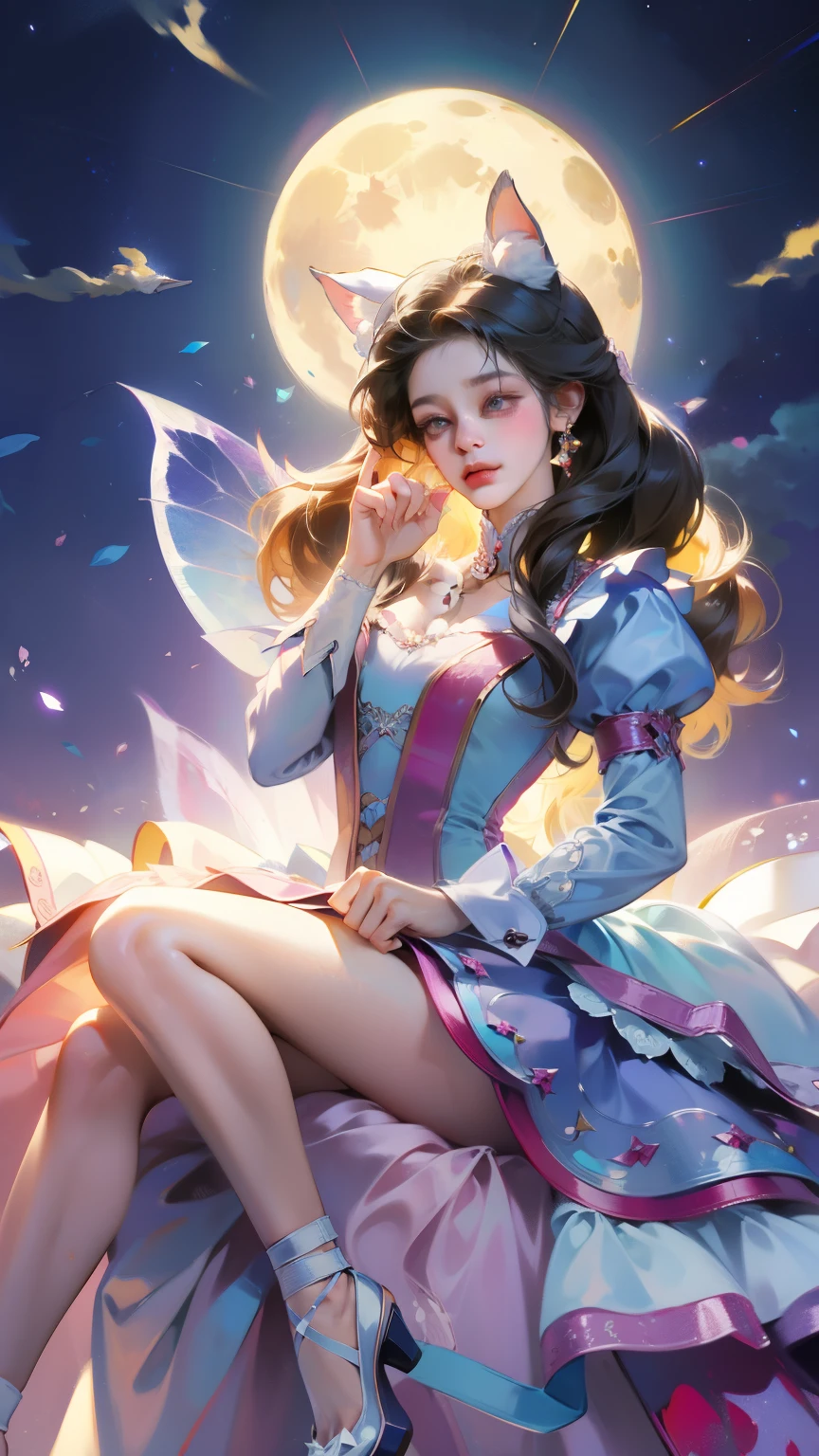 有skirt在空中飞翔的女孩,skirt,Ball-jointed doll,Super realistic sweet bunny girl,Moon themed clothing,Fairy tale core,style of magical girl,ethereal fantasy,Doll's dream,cat boy role play!maid!skirt,lolita style,ethereal fantasy,ethereal fairy tale
