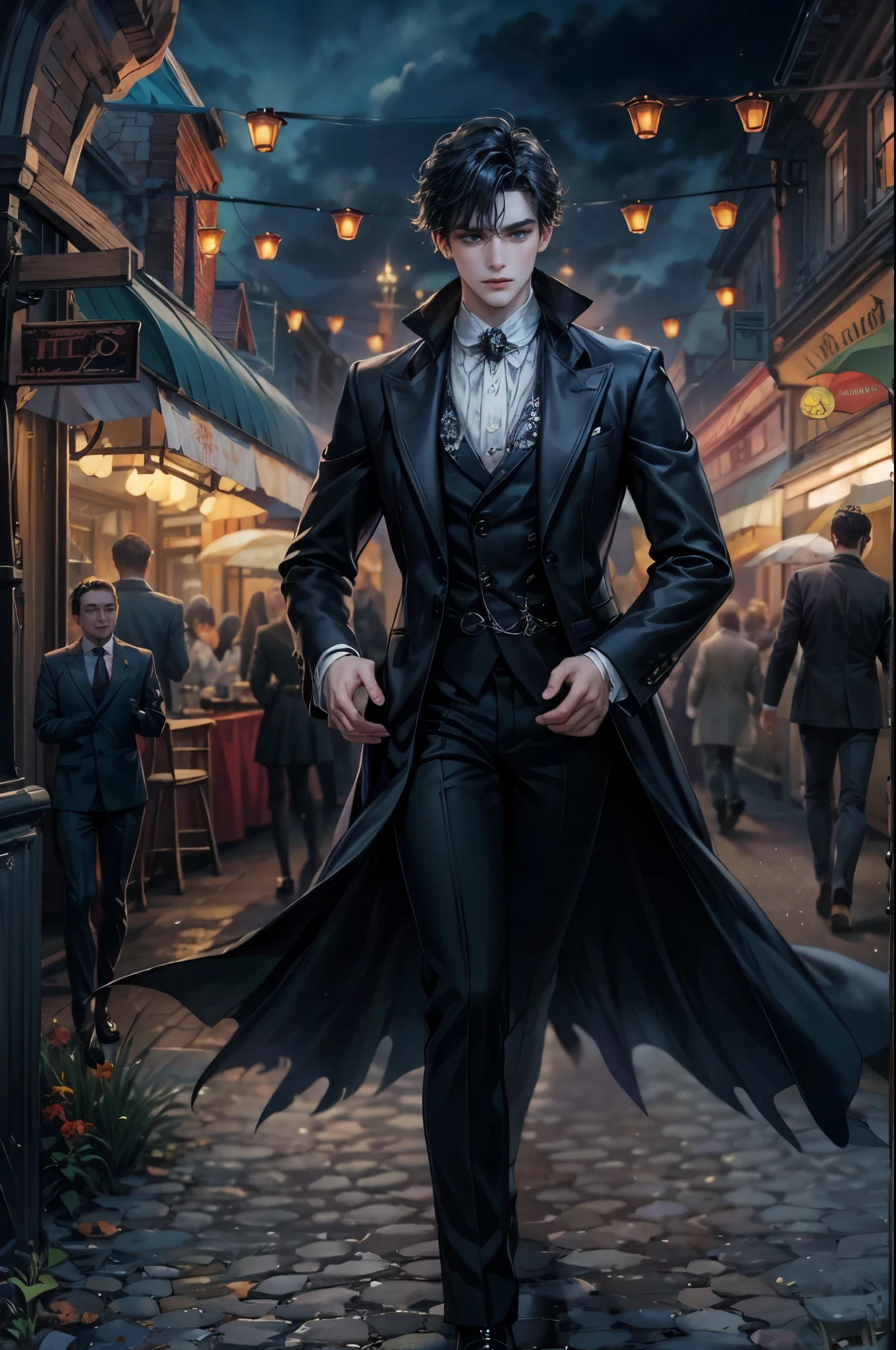 ((Best quality)), ((masterpiece)), (detailed), ((perfect face)), ((halfbody)) In the eerie twilight of a hauntingly beautiful carnival, a dashing young man with piercing blue eyes and raven hair, clad in a vintage black suit, confidently strolls along the cobblestone path. As he passes by the enigmatic booths with its that lie within the heart of this eerie wonderland.