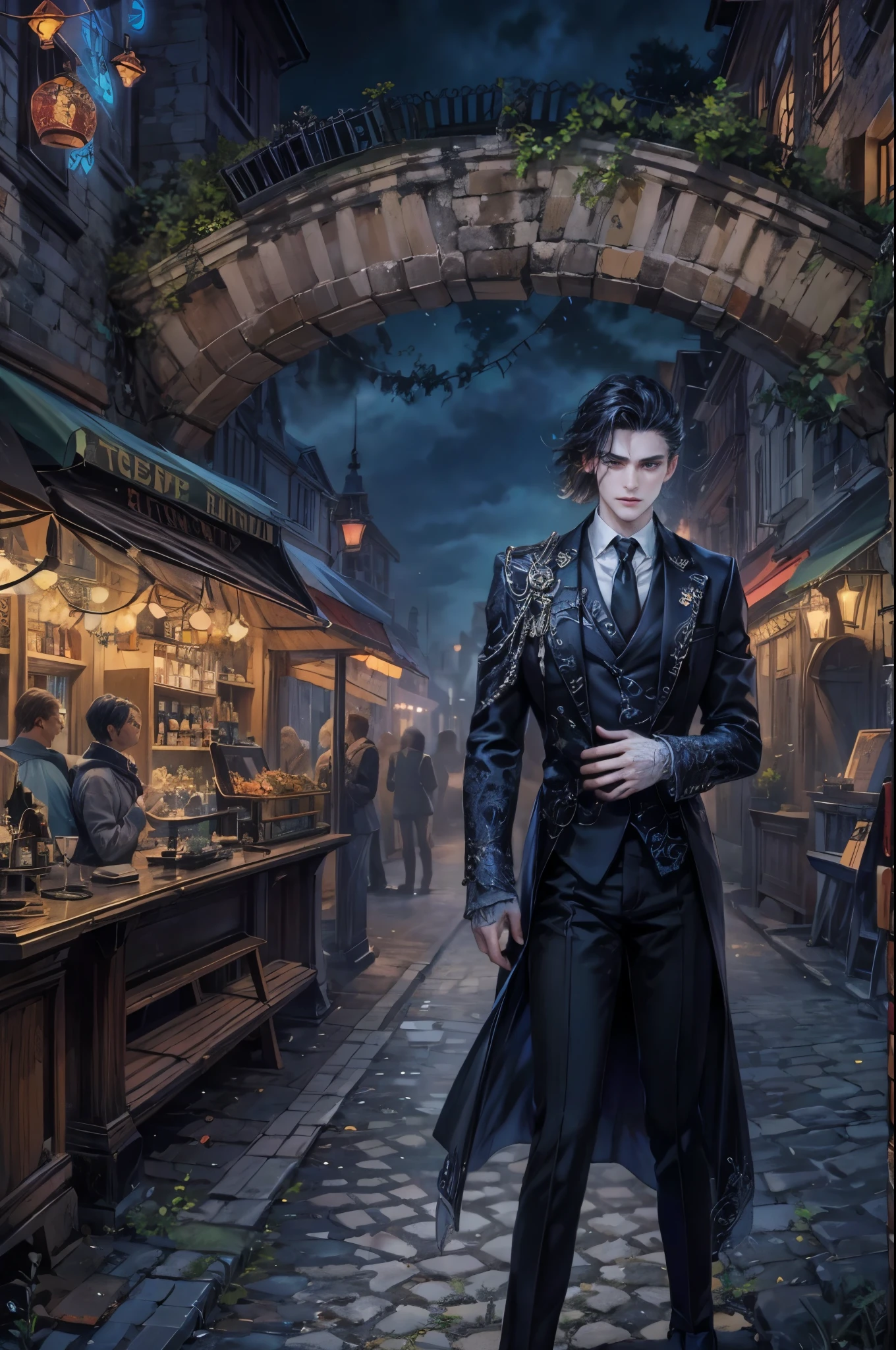 ((Best quality)), ((masterpiece)), (detailed), ((perfect face)), ((halfbody)) In the eerie twilight of a hauntingly beautiful carnival, a dashing young man with piercing blue eyes and raven hair, clad in a vintage black suit, confidently strolls along the cobblestone path. As he passes by the enigmatic booths with its that lie within the heart of this eerie wonderland.