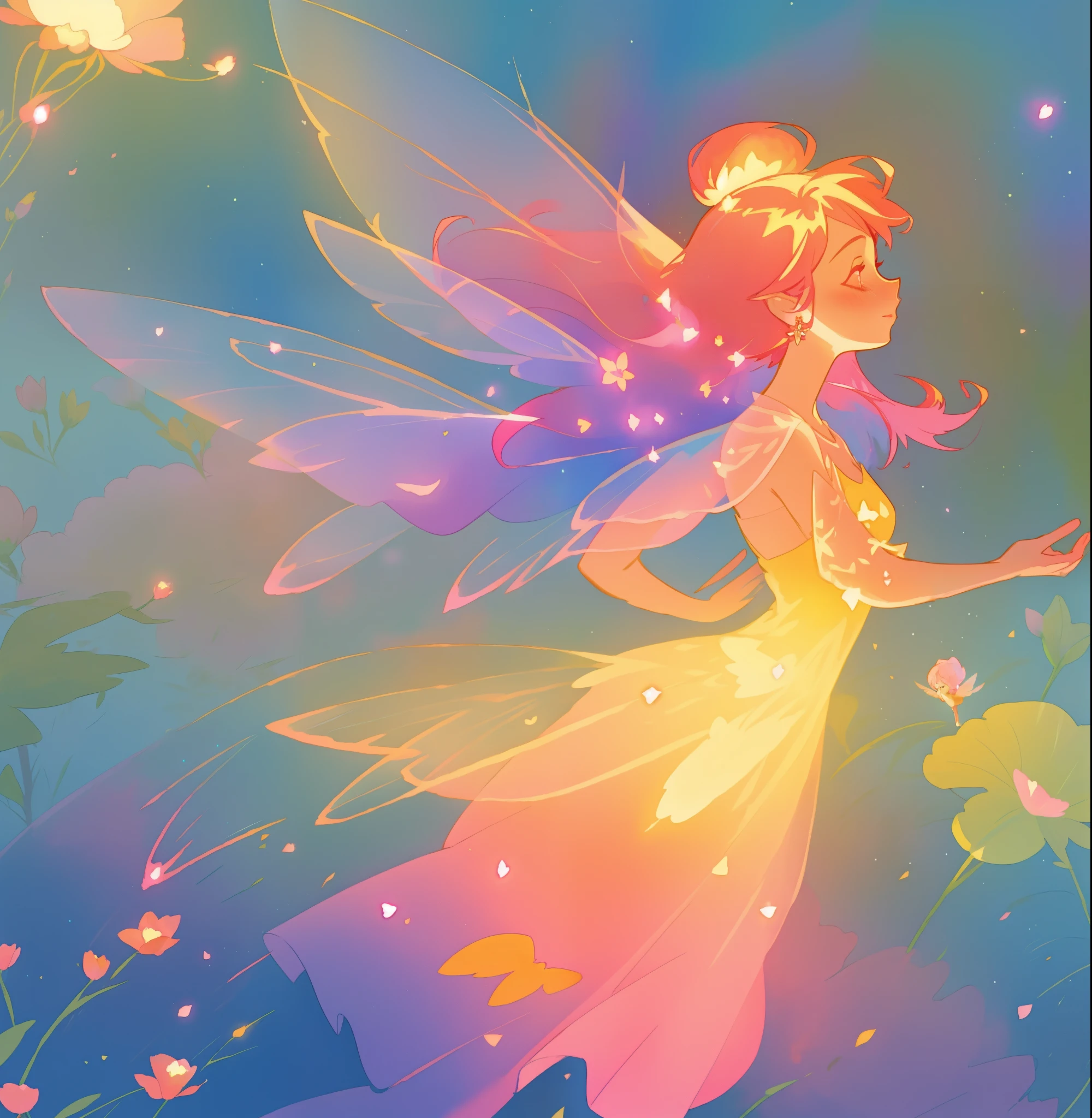 beautiful fairy girl in a sparkling layered dress, long flowing pink peach red hair, (large sparkling colorful fairy wings on her back), colorful fantasia background, flowers meadow, watercolor illustration, disney art style, glowing aura around her, glowing lights, beautiful digital illustration, fantasia otherworldly landscape plants flowers, beautiful, masterpiece, best quality, anime disney style, beautiful face, golden ratio