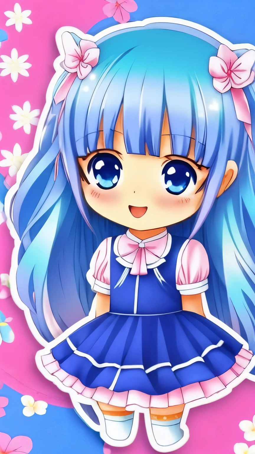 chibi anime girl imut pastel serba biru memegang papan putih besar