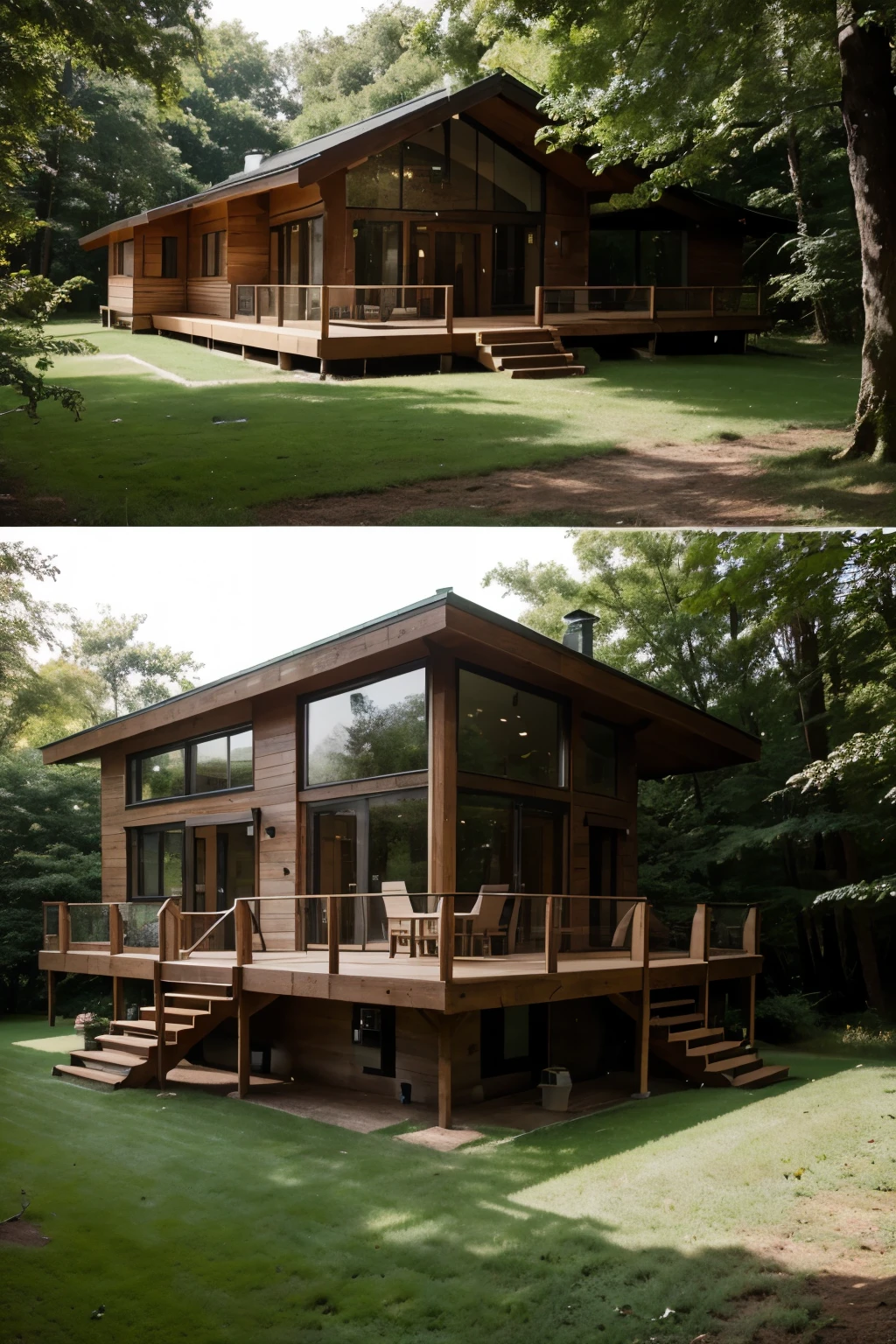 There is a wooden platform built on the grass in the forest,There is a wooden house built on the wooden platform,It's that modern style wooden house,with large glass windows,There are wooden tables and chairs on the stage,