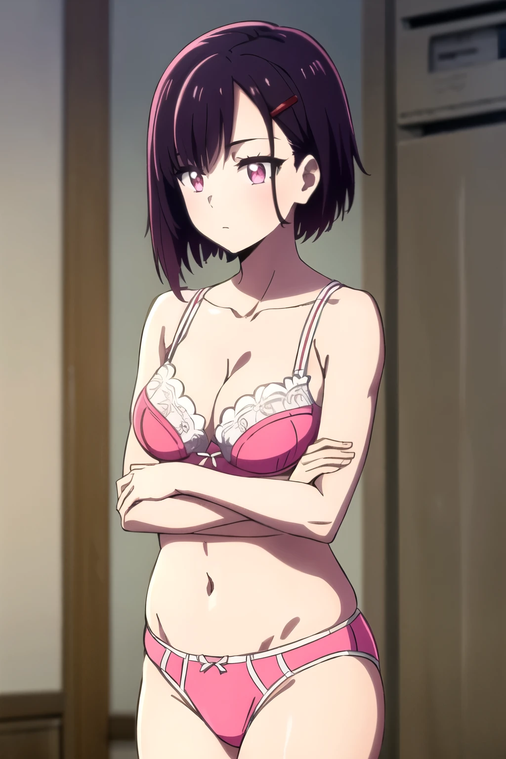 masterpiece, best quality, intricate details, 8k, uhd, perfect skin, detailed eyes, shizukazom100, 1girl, solo, a photo of anime girl wearing sexy lingerie,short hair, dark purple hair , bangs, hair ornament, hairclip, pink eyes, white pupils, medium breasts, collarbone, sexy underwear , navel, midriff, elegant pose, detailed backgrounds,((thong panties)), ((g-string panties)),