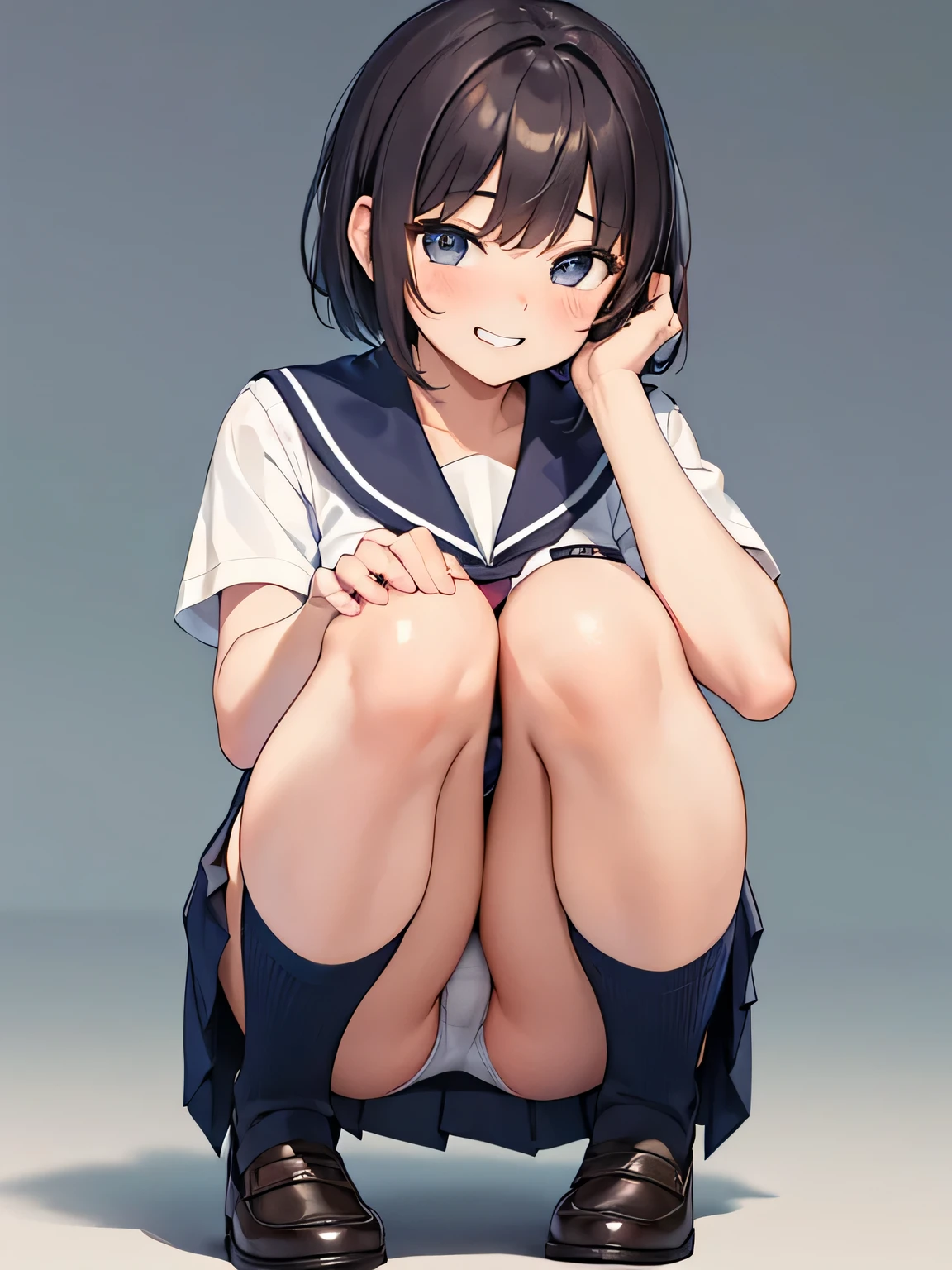 (masterpiece、highest quality、High resolution、realistic pictures、real looking skin:1.1), (She is wearing a navy blue uniform blazer over a white blouse.,Wearing a gray uniform miniskirt,wearing loafers:1.1), 1 Japanese woman, beautiful eyes, shining eyes, brown hair, short bob hair, high school girl, (navy knee socks:1.8), (Squat down with both knees facing towards you..:1.8), (Place your elbows on your knees、put your chin on it.:1.5), (slightly exposed pants: 1.5), (Simple white cotton panties: 1.5), (provocative and grinning expression:1.5), (The place is a school:1.5), NSFW