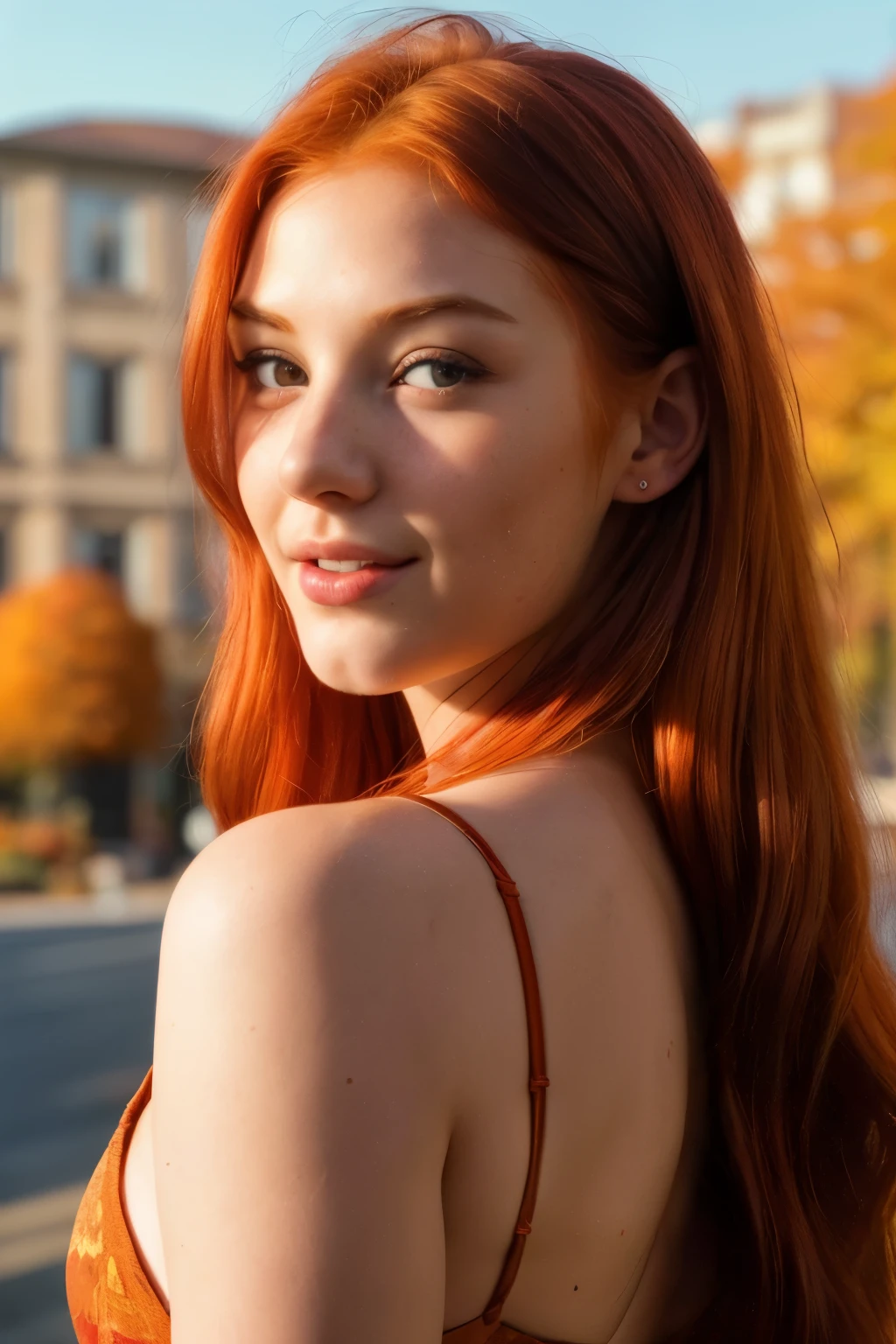 (a closeup of a, Editorial photo of a 21-year-old red-haired woman), (Highly detailed face:1.4) (Smile:0.7) (The background inside is autumn, The street is sunny, private study:1.3) ass pov, Nikon D850, film stock photograph ,4 Kodak Portra 400 ,camera f1.6 lens ,saturated colors ,hyper realistic ,lifelike texture, dramatic  lighting , Cinestill 800,