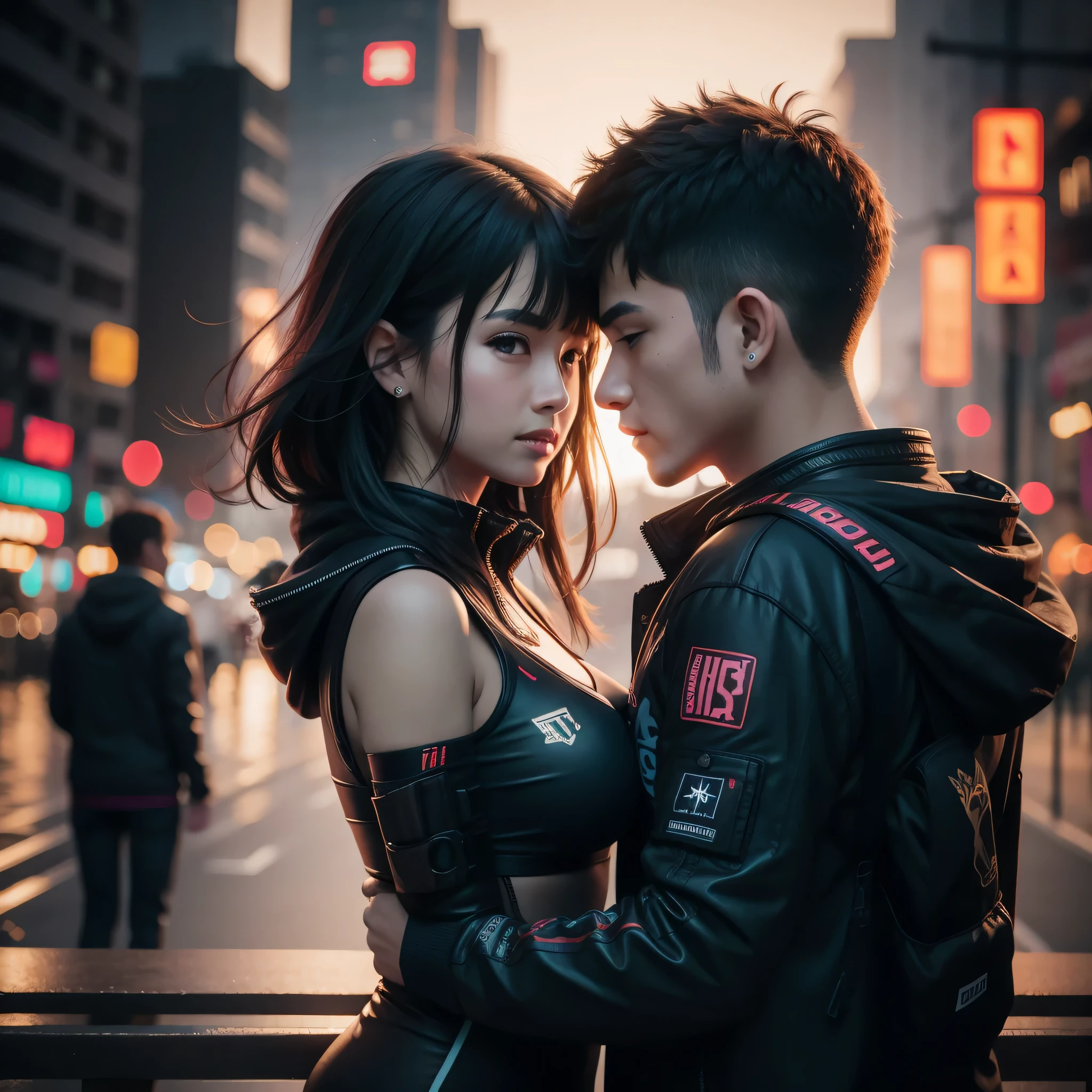 Dos personas se enamoran, realista,Mejor calidad, ciberpunk,8K, bokeh,