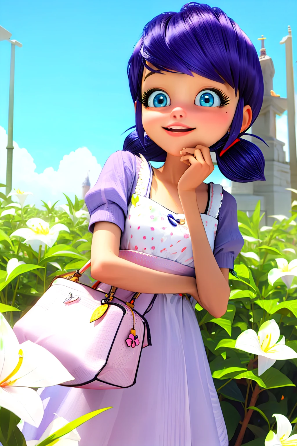 Cute face, lilac dress