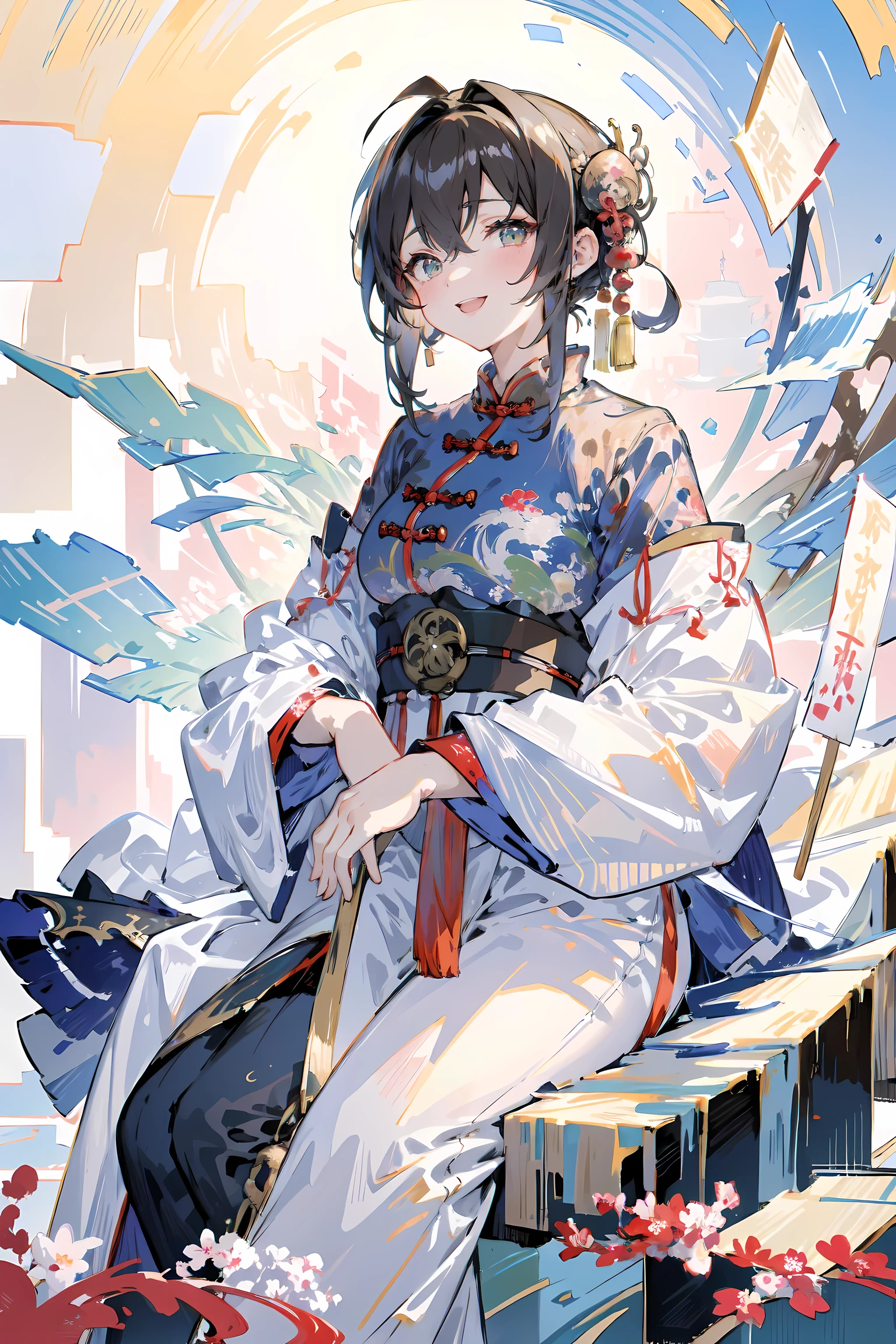 8620 \(Iron dance\),masterpiece, best quality, Super detailed, illustration,looking at the audience,white chinese clothes,:d,sitting,(Impressionism:1.4),