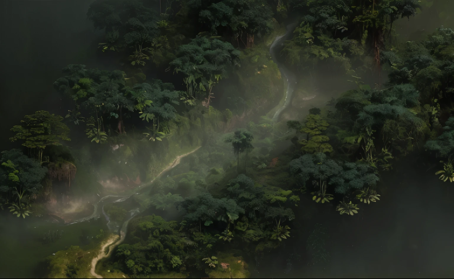 aerial view of forest，There is a path flowing through it, jungle liquidation, forest liquidation, overgrown jungle environment, vast forest, many trees ， Super detailed, Weird forest setting, Background lush environment, jungle environment, deep jungle texture, Detailed forest, forest environment, liquidation. panoramic, dnd in dark forest, Intricate details in the environment, Don't water，Weird forest，strange vegetation，Layered，