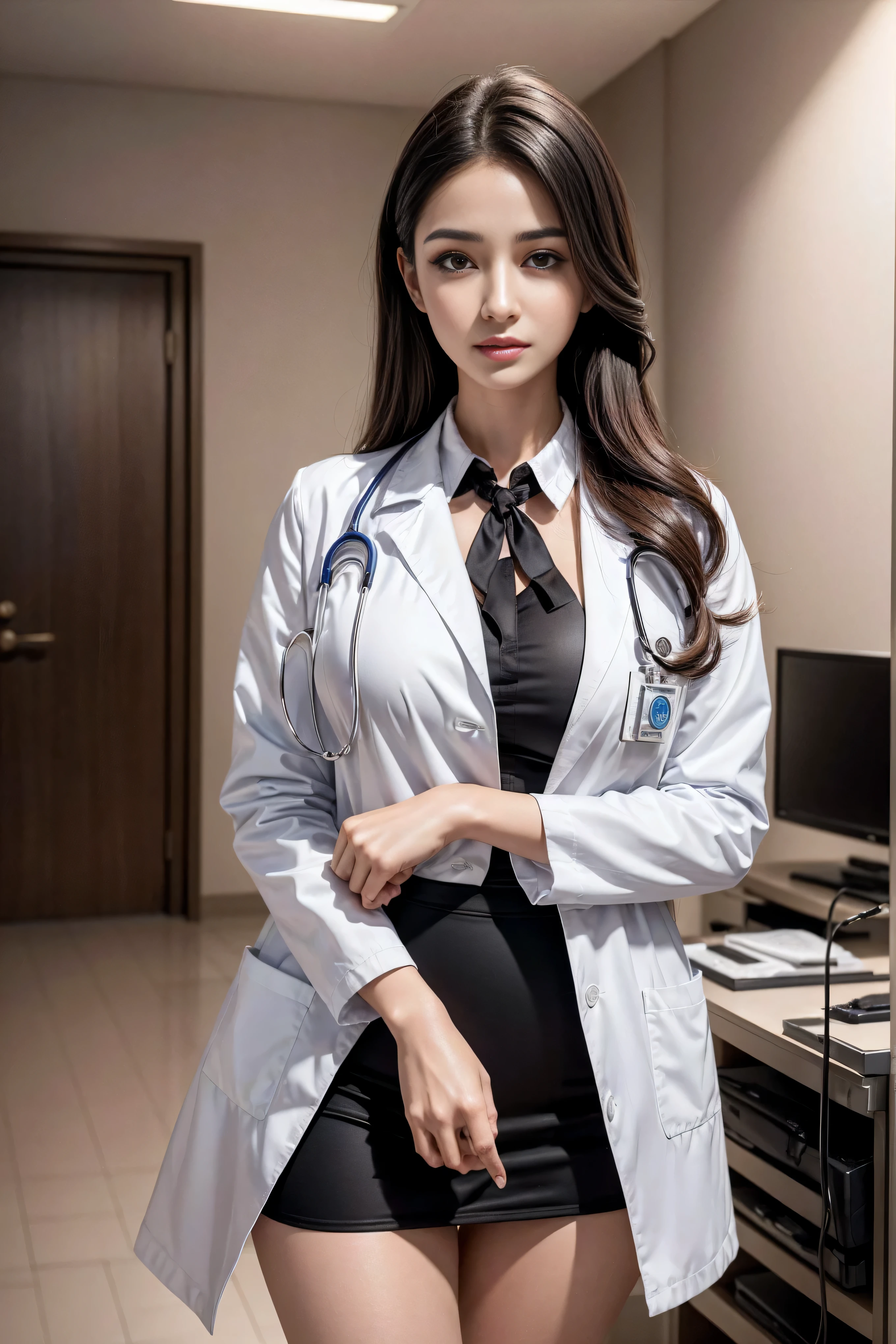 Realistic beauty doctor、Astonishingly beautiful、doctor white coat, collared shirt、(top quality、8k、32k、masterpiece、north african trade zone:1.3)、ultra high resolution,(realism:1.4),original photography, Detailed face,,beautiful hair, ((Doctor style)),,((Leg length)), (Thigh clearance:1.5), , Black slim skirt、 natural makeup,, plump big breasts、Inside the hospital, Detailed background, perfect lighting, depth of field, beautiful shadow gradient,stethoscope ,