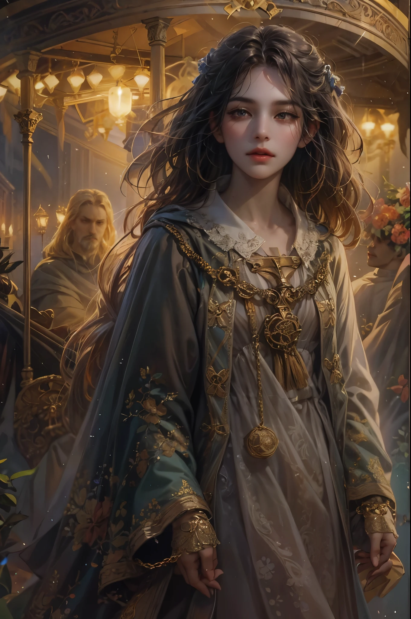((Best quality)), ((masterpiece)), (detailed), ((perfect face)), ((halfbody)) Amidst the enigmatic glow of a haunting carnival at dusk, a handsome young man with the countenance of a biblical hero, wearing a modest yet elegant robe, saunters along the weathered stone path. As he approaches the hauntingly beautiful carousel, adorned with spectral steeds, he encounters a wise and enigmatic woman clad in a garment reminiscent of the ancient times. Joined by faith and curiosity, they traverse the dimly lit, yet captivatingly eerie attractions, unveiling hidden truths and unraveling the divine mysteries concealed within the heart of this eerie sanctuary.