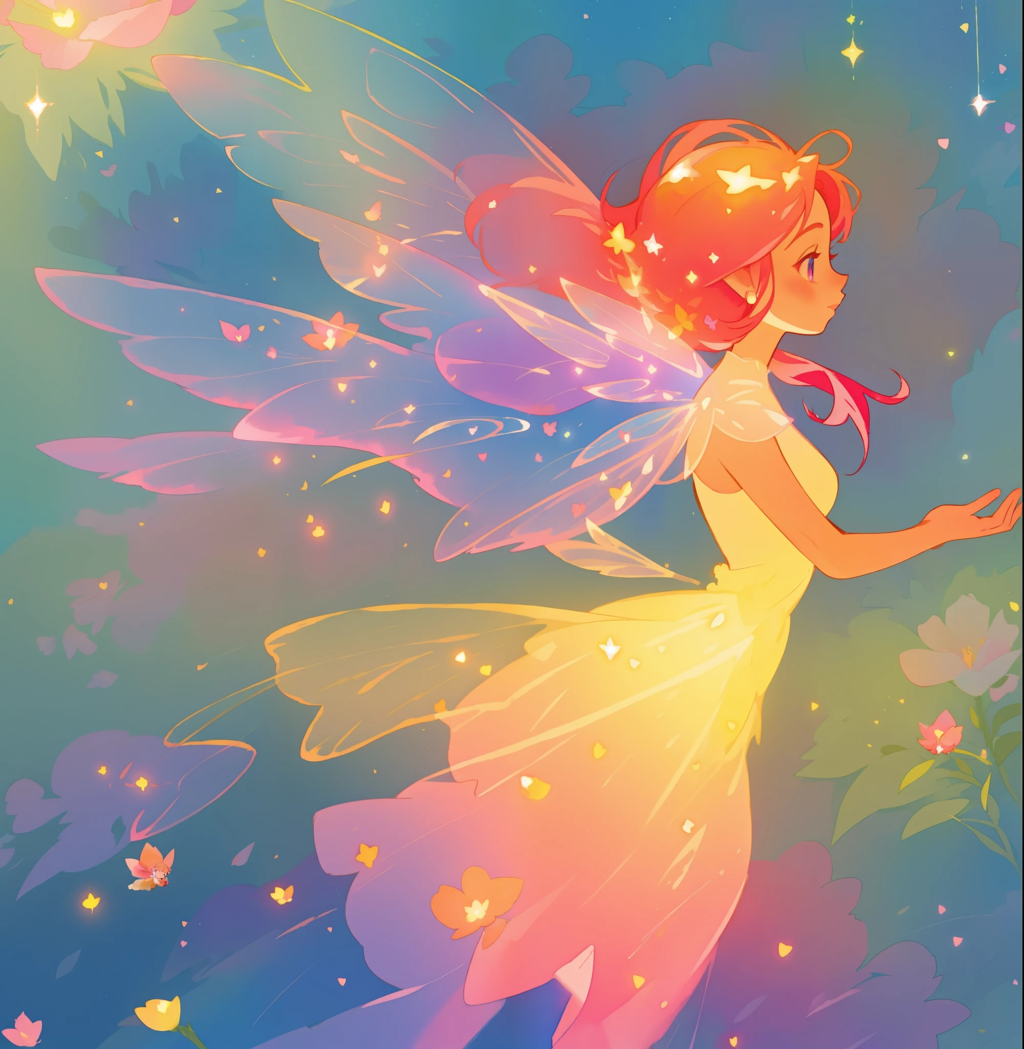 beautiful fairy girl in a sparkling layered dress, long flowing pink peach red hair, (large sparkling colorful fairy wings on her back), colorful fantasia background, flowers meadow, watercolor illustration, disney art style, glowing aura around her, glowing lights, beautiful digital illustration, fantasia otherworldly landscape plants flowers, beautiful, masterpiece, best quality, anime disney style, beautiful face, golden ratio